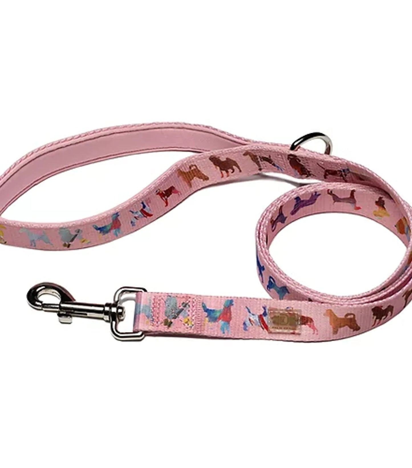 Pink dog leash with dog pattern on a white background