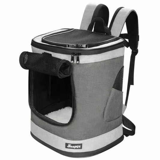Gray pet carrier backpack with a visible brand logo on a white background