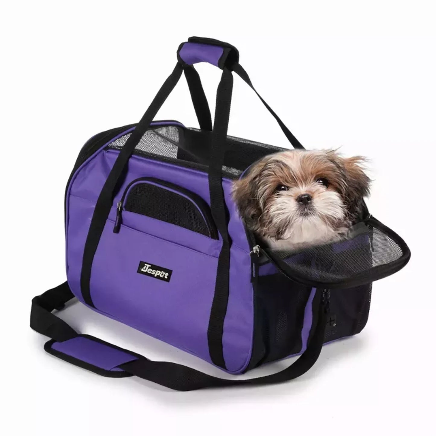 Purple pet carrier with a small dog inside on a white background
