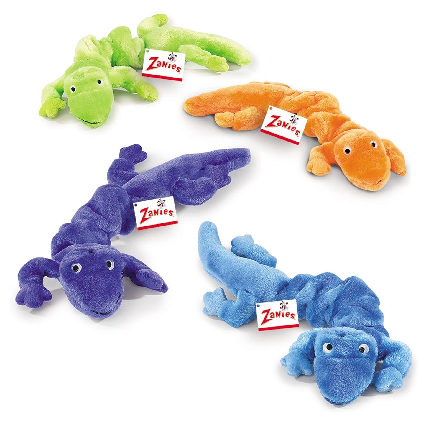 Set of colorful plush lizard toys with Zanies tags on a white background