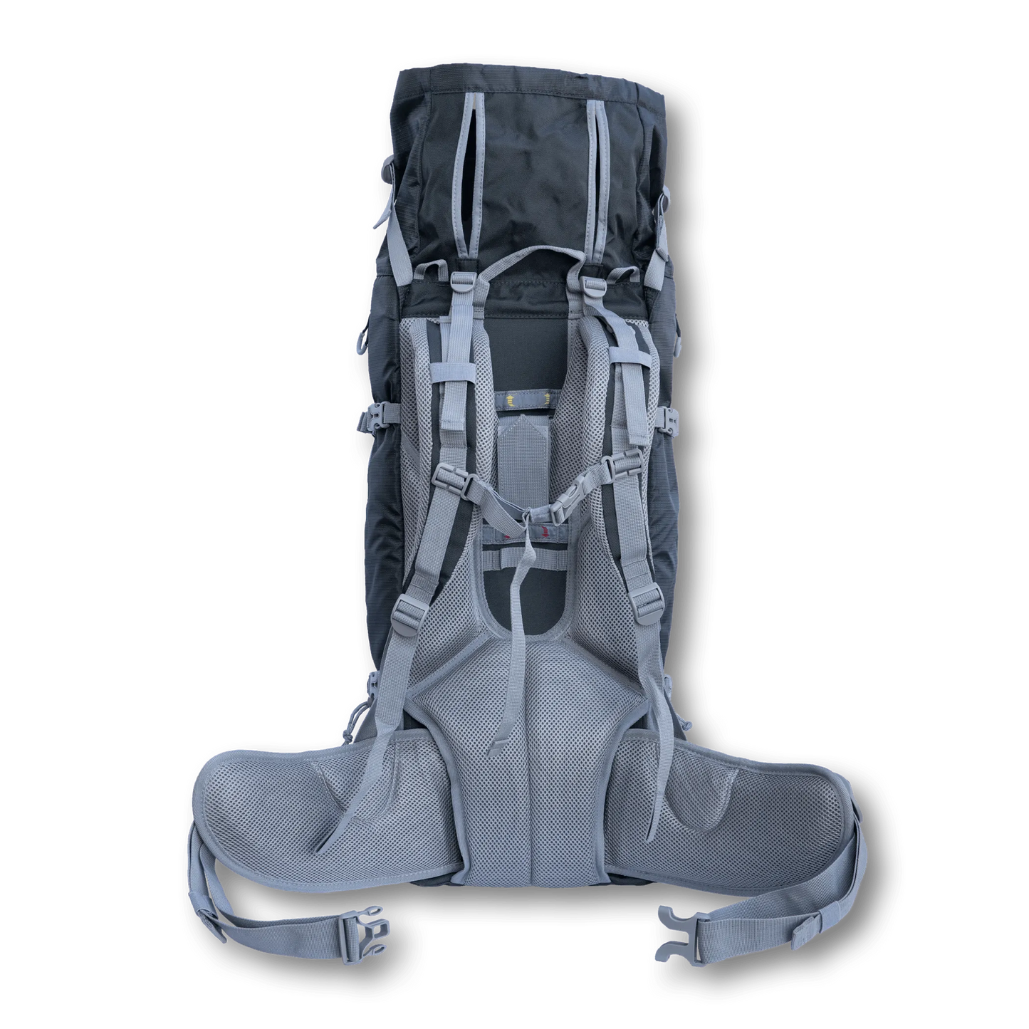 Gray hiking backpack with straps on a white background