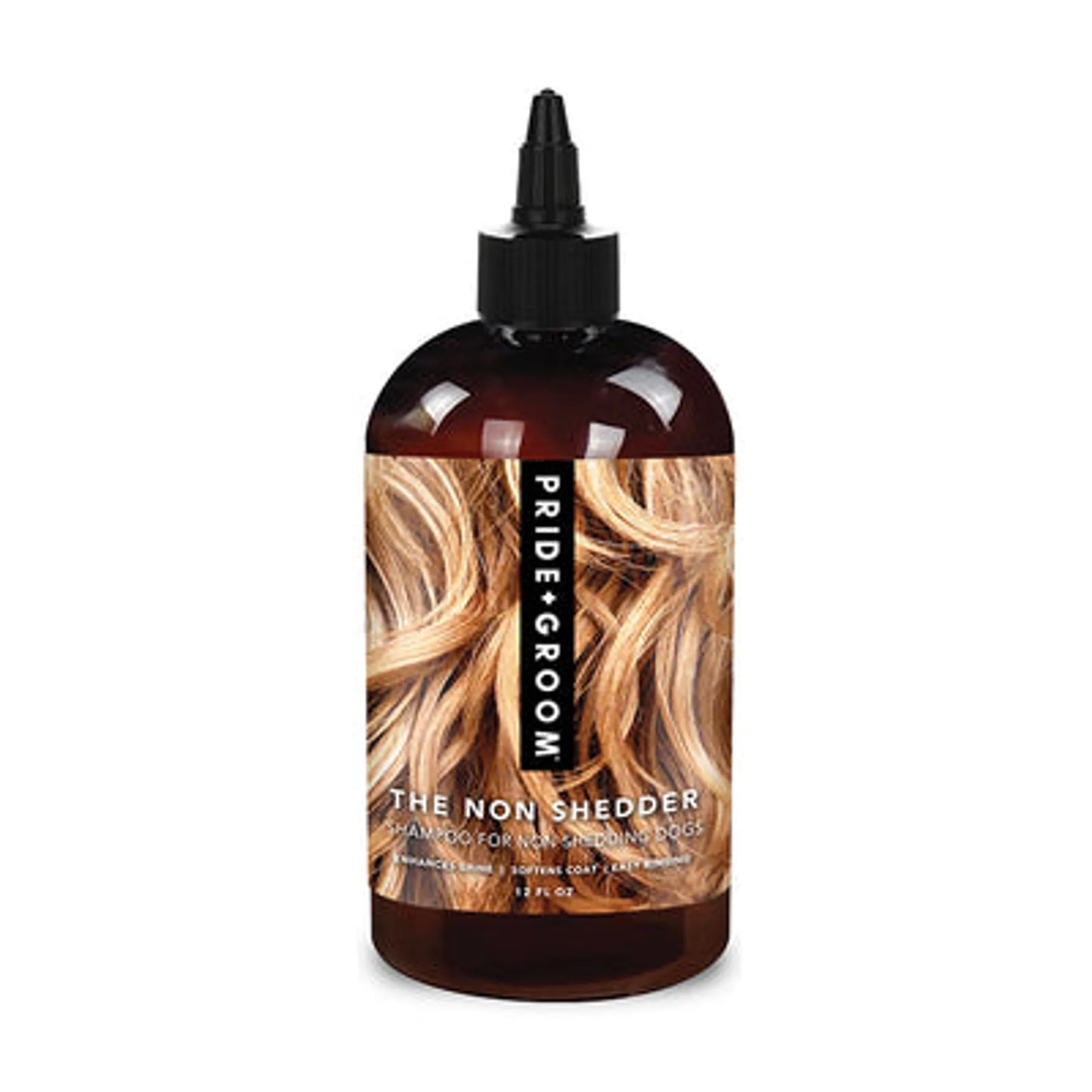 Bottle of Pride Groom The Non Shedder shampoo on a white background