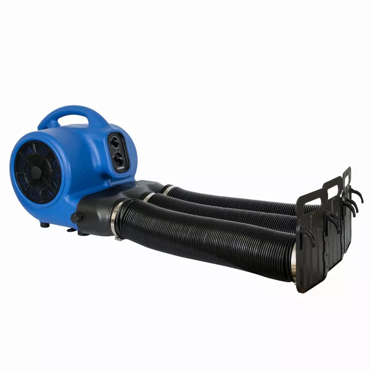 Blue and black air blower with long black hose on a white background