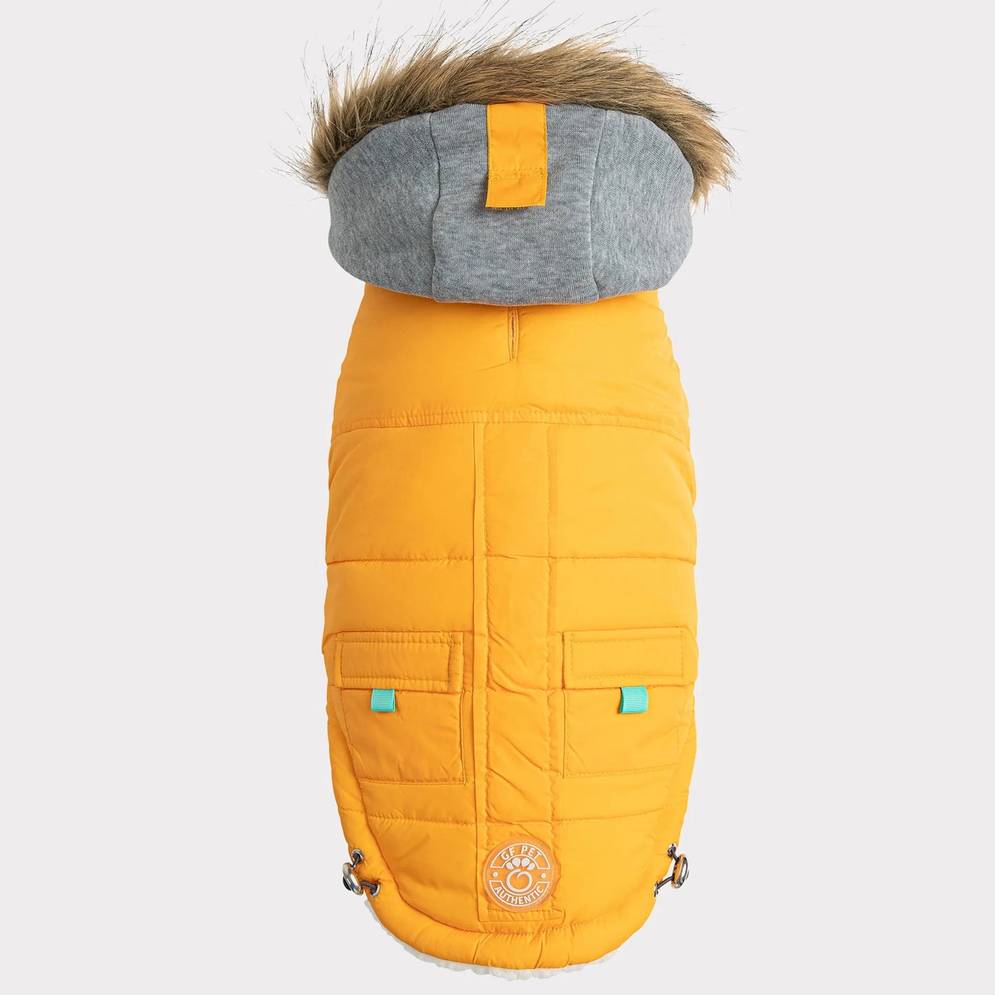 Yellow dog coat with gray hood and fur trim on a white background