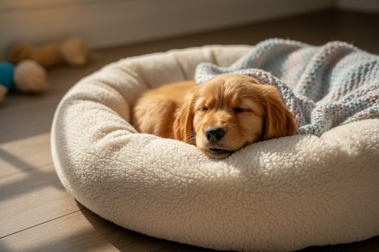 small brown puppy in a dog bed covered by a blanket