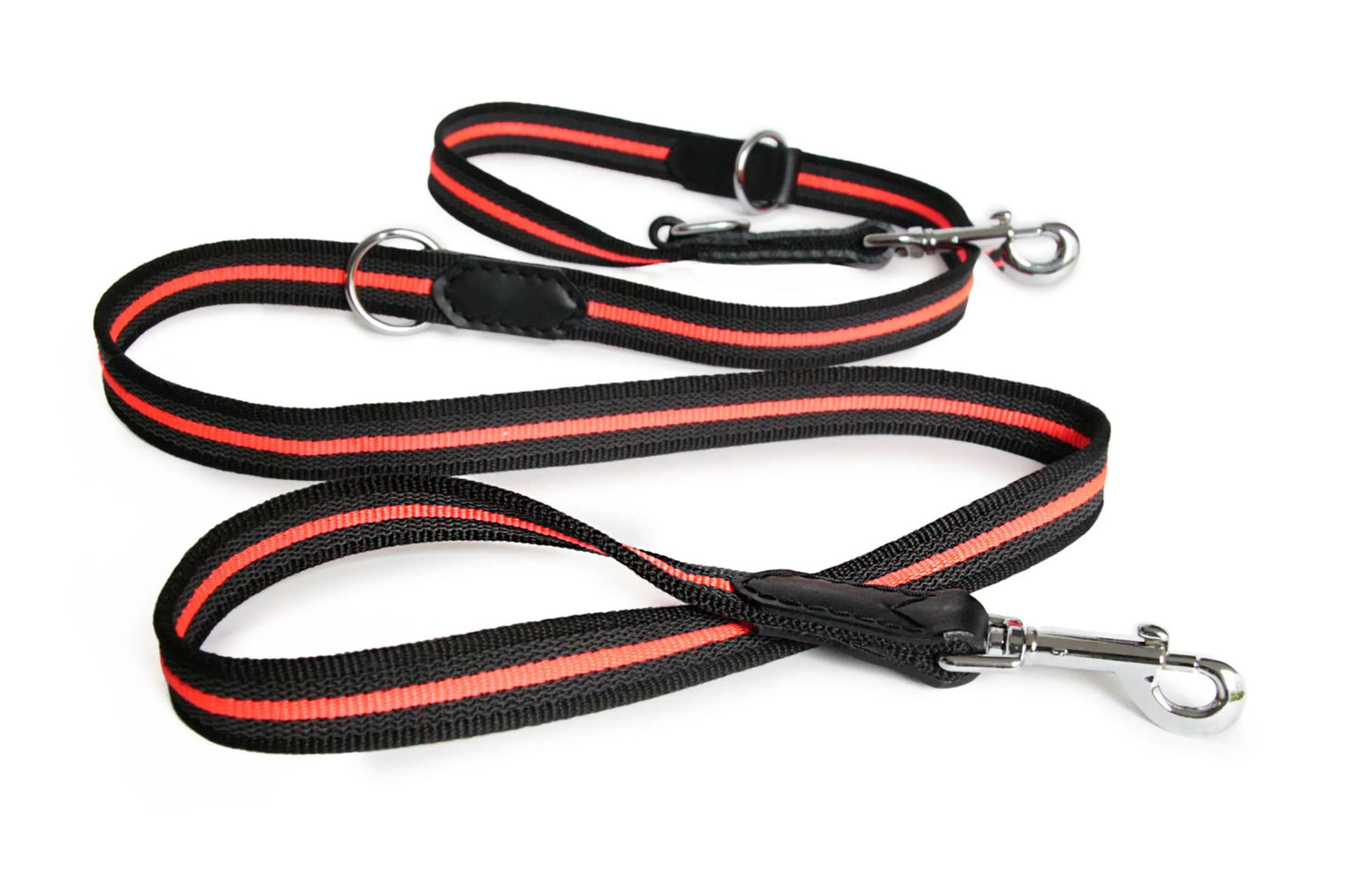 Black and red dog leash on a white background