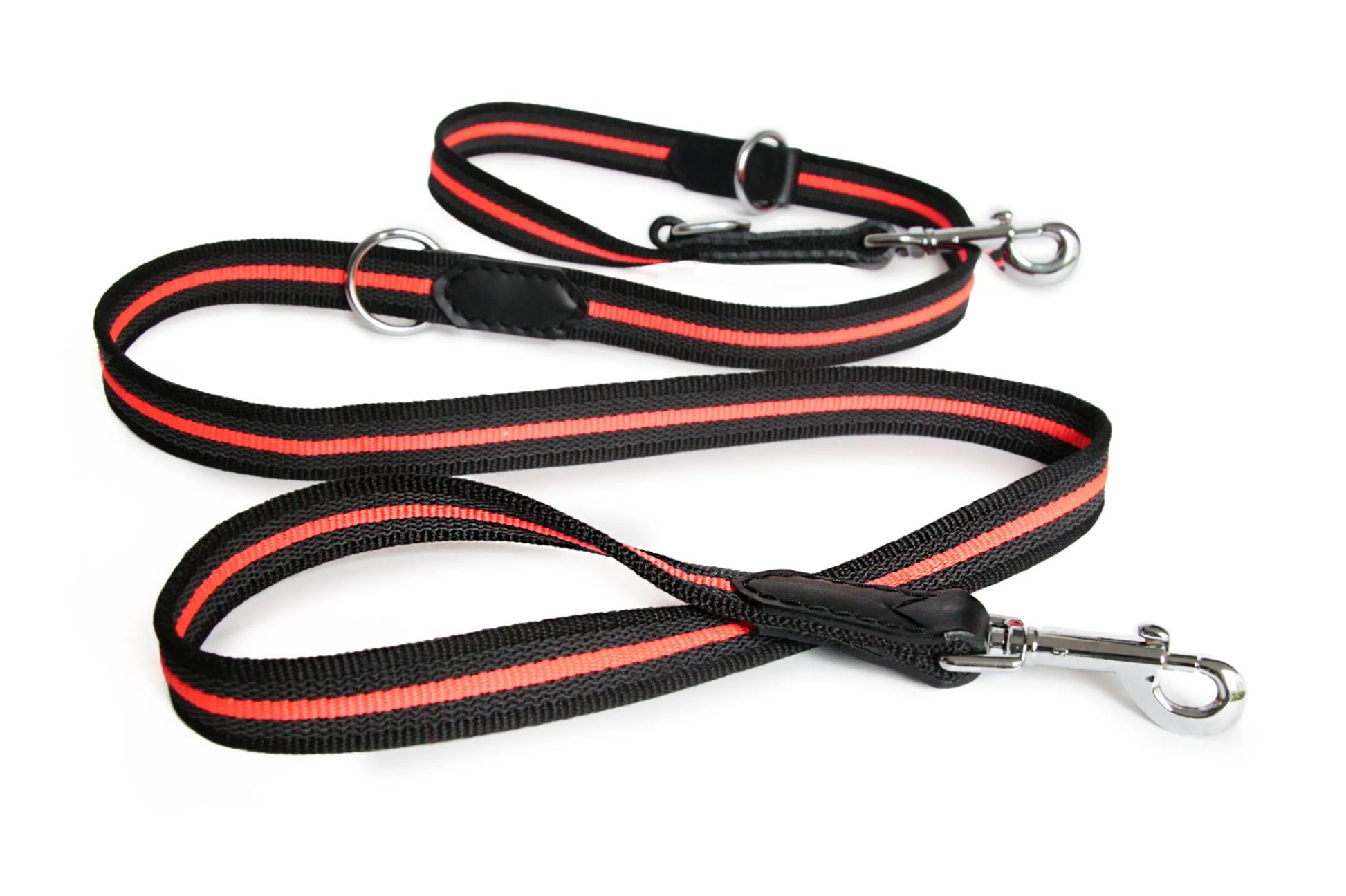 Black and red dog leash on a white background