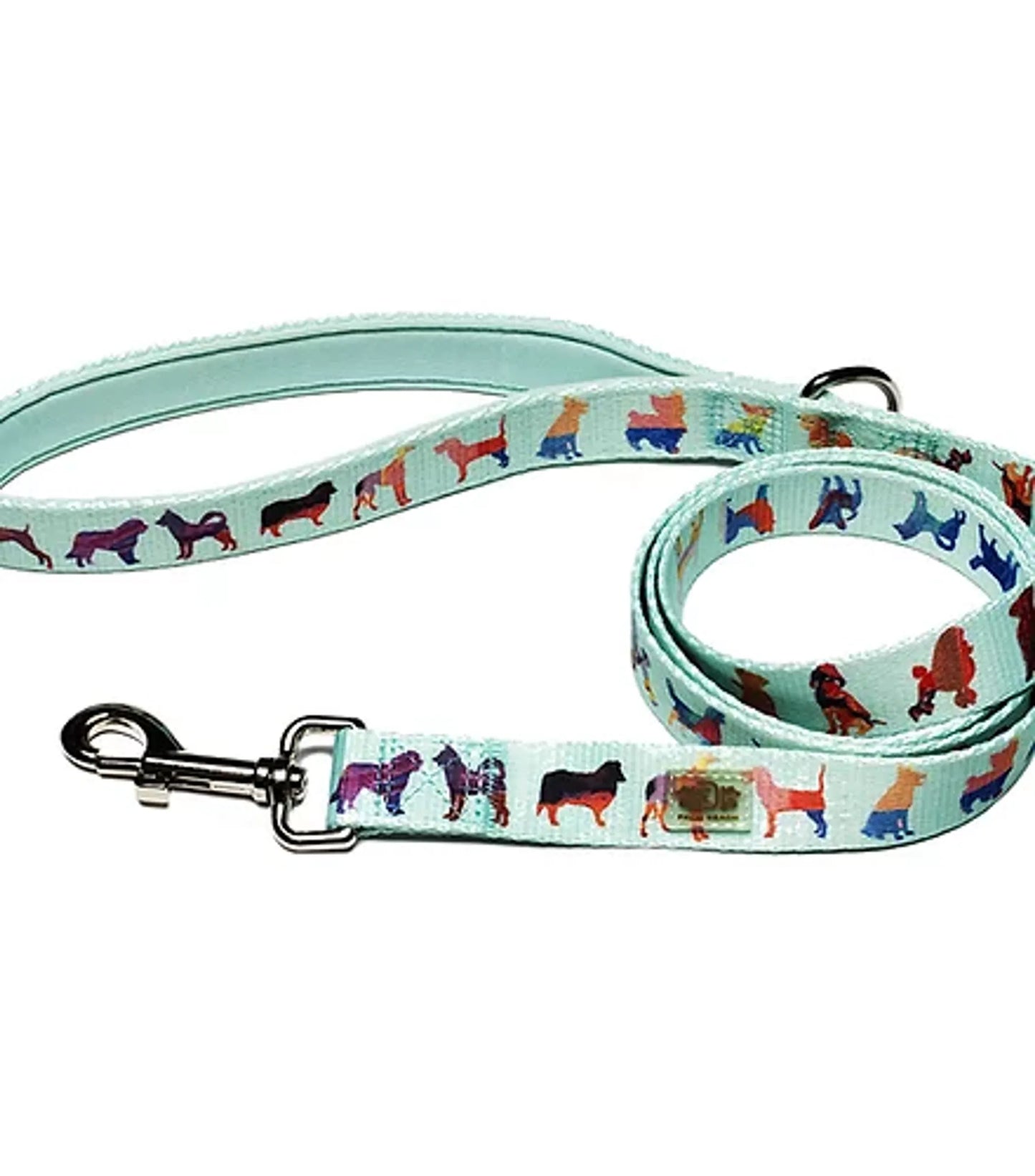 Dog leash with colorful dog pattern on a light blue background
