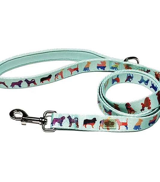 Dog leash with colorful dog pattern on a light blue background