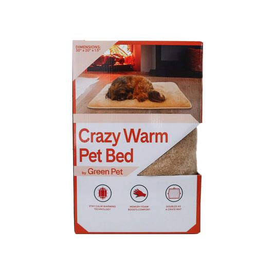 Package of Crazy Warm Pet Bed by Green Pet with a dog on a bed inside the box.