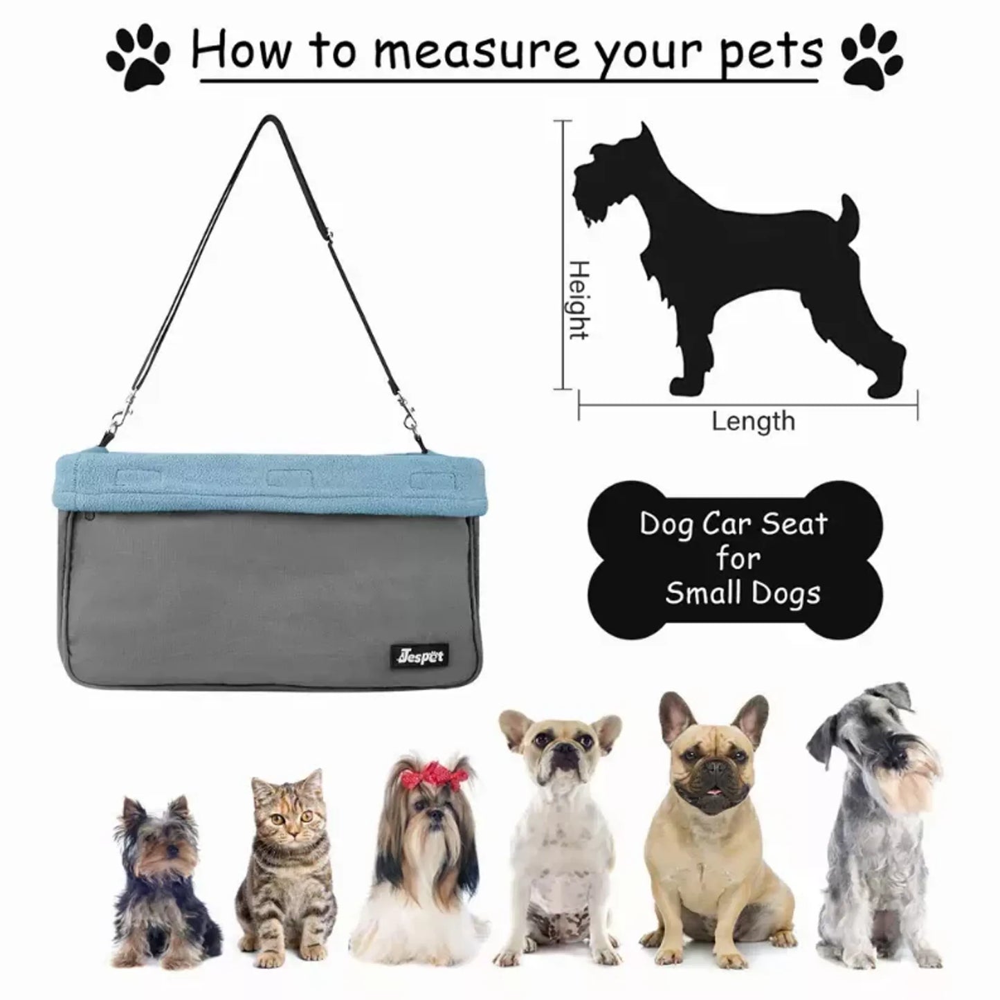 Dog car seat for small dogs with measurement guide and examples of small dogs.