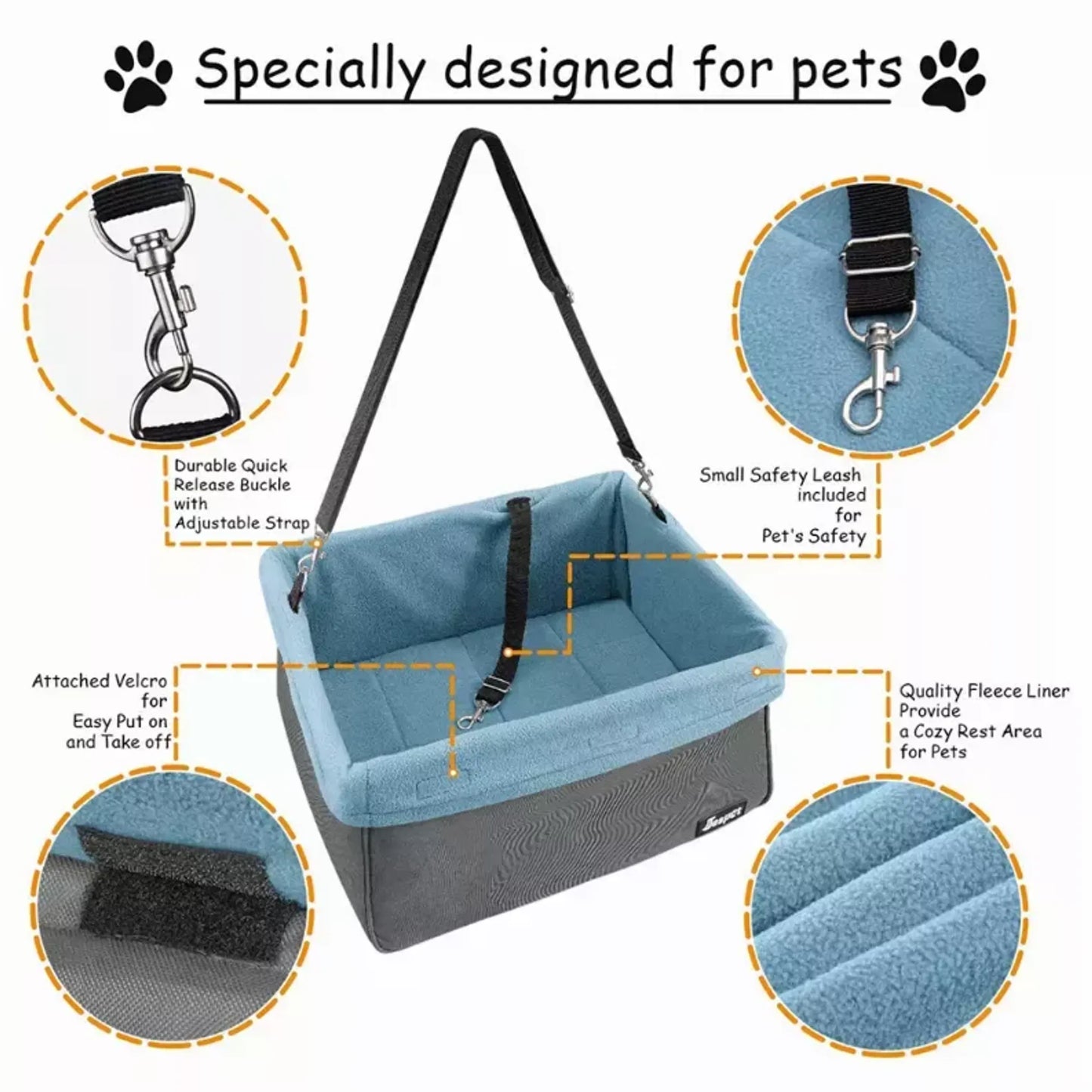 Pet carrier with safety features and attachments on a white background