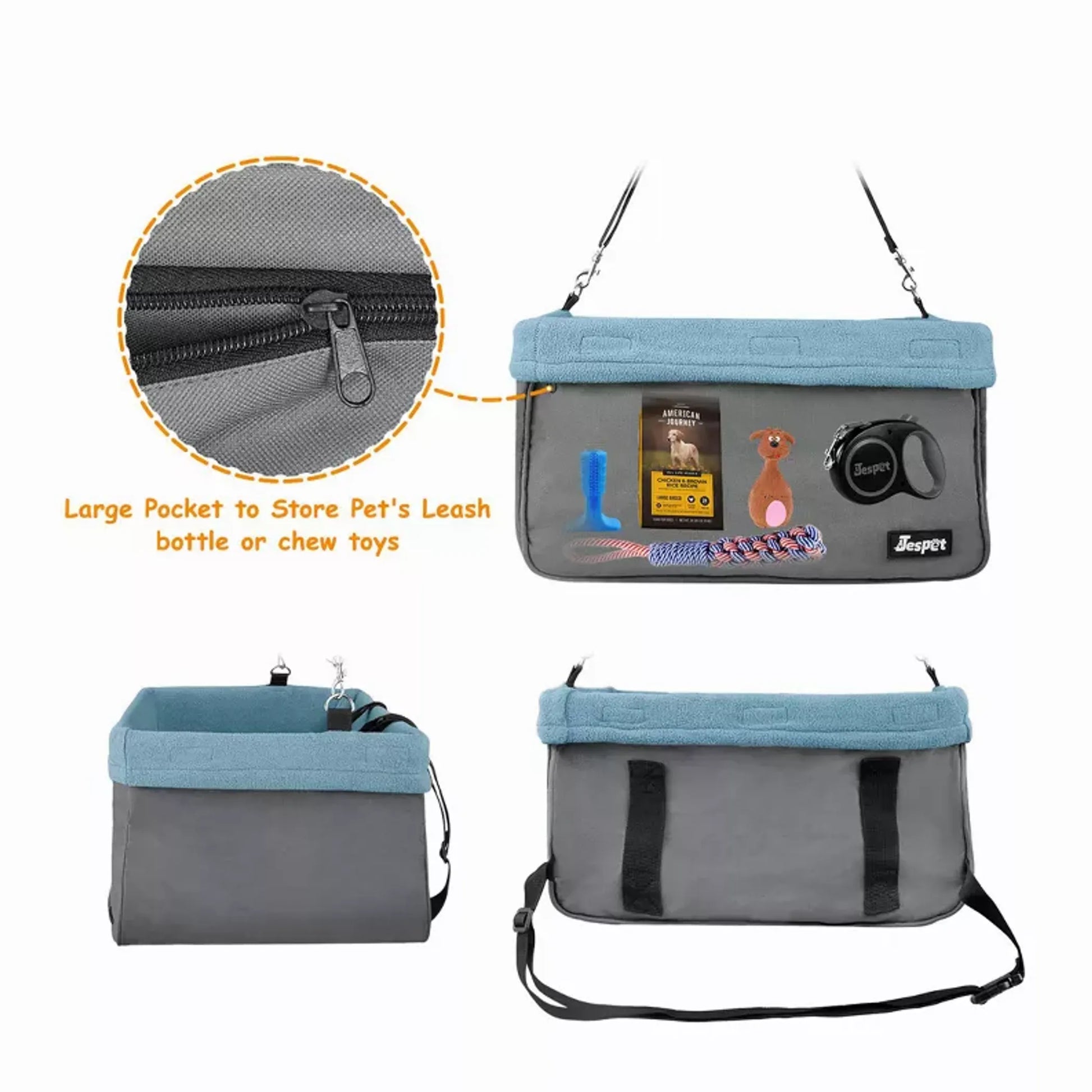 Pet travel bag with a large pocket for leashes, bottles, or chew toys, shown in gray and blue.
