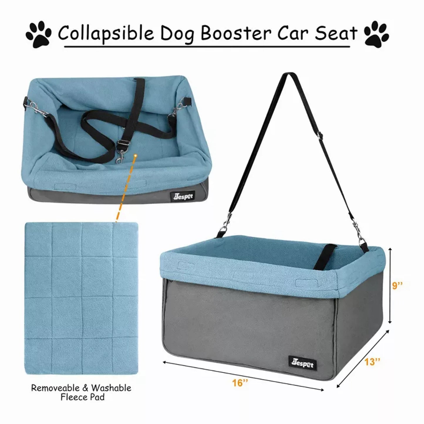 Collapsible dog booster car seat with blue and gray color scheme, straps, and dimensions on a white background.