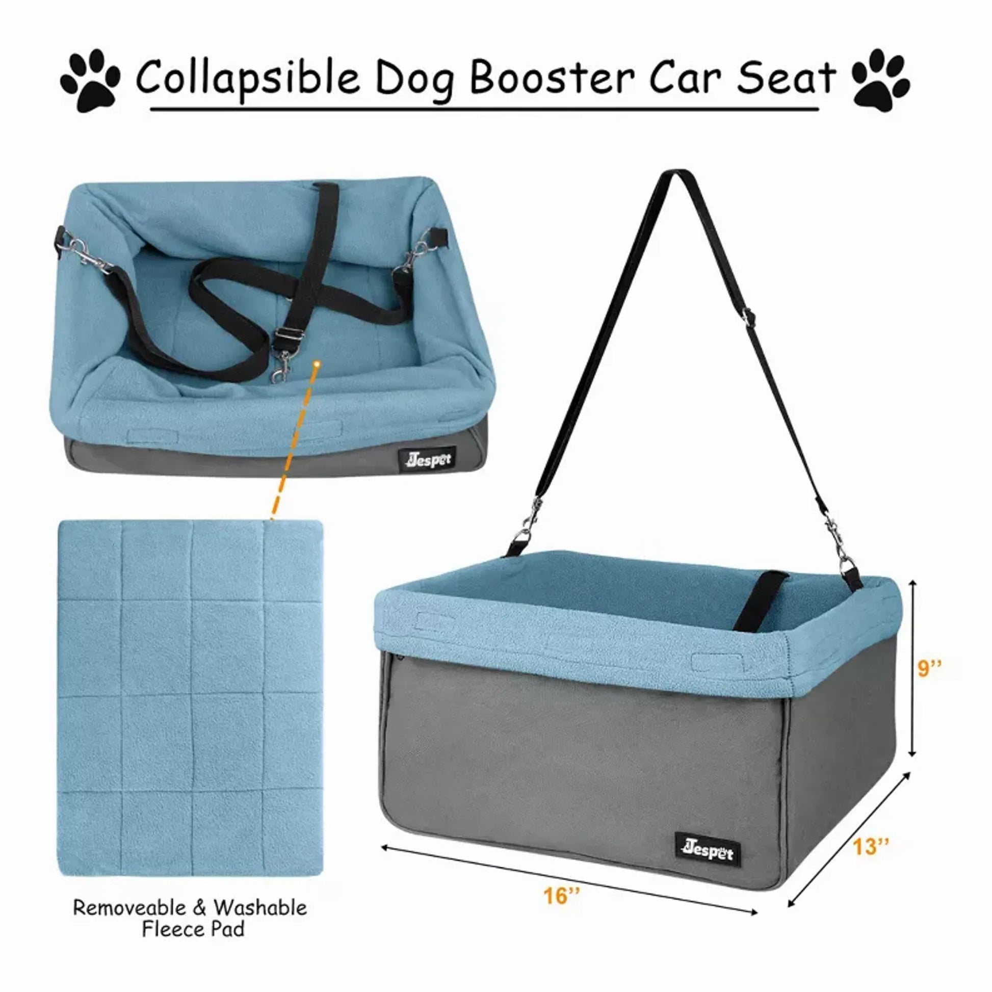 Collapsible dog booster car seat with blue and gray color scheme, straps, and dimensions on a white background.