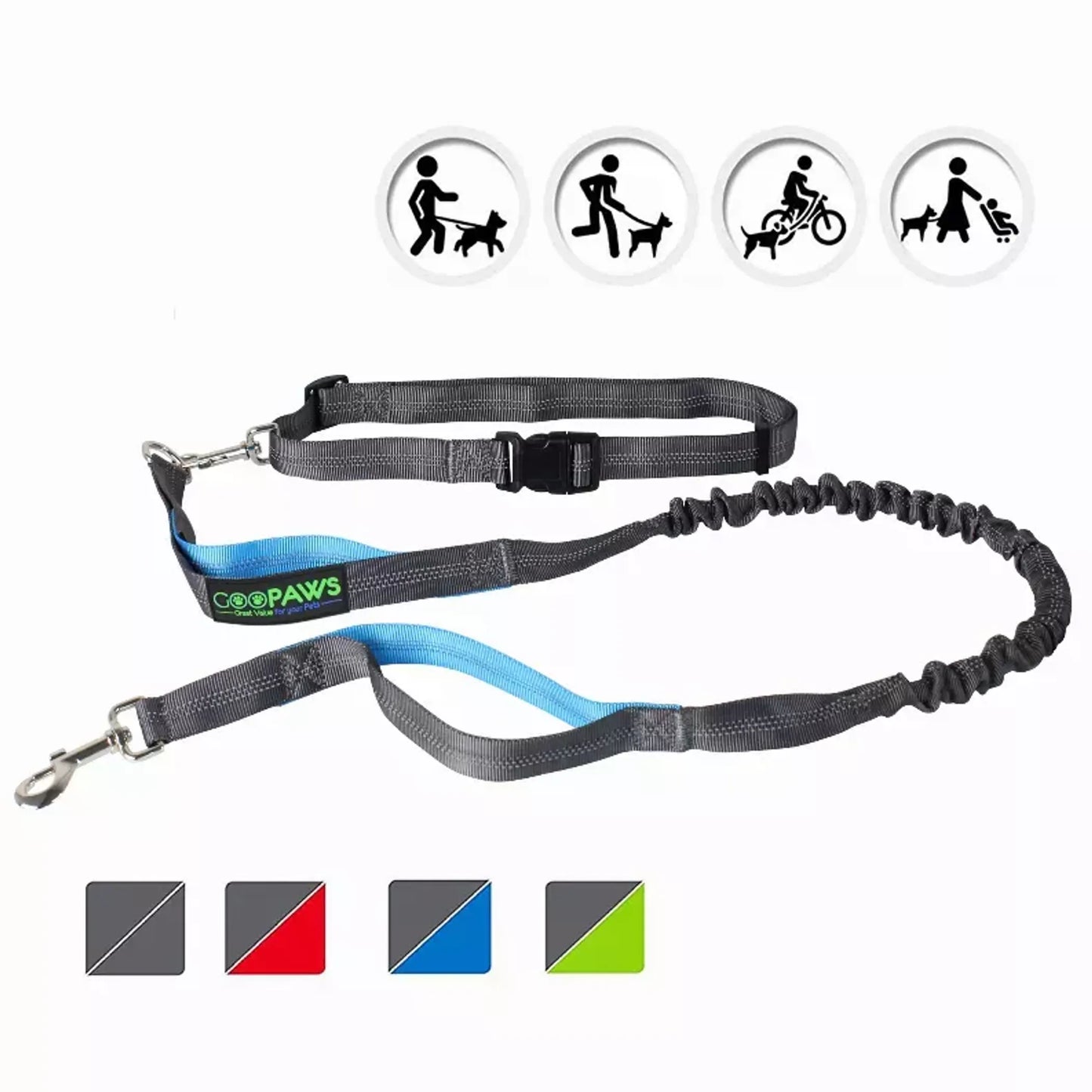 Dog leash with bungee feature and brand logo on a white background