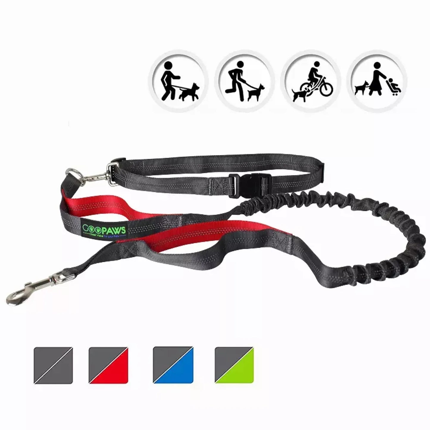 Dog leash with bungee feature and 'Coop Paws' branding on a white background
