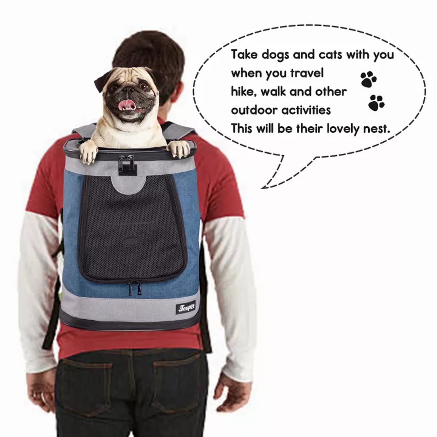 Person wearing a backpack with a dog inside, suitable for travel and outdoor activities.