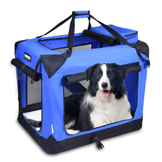 Blue pet carrier with a black and white dog inside on a white background
