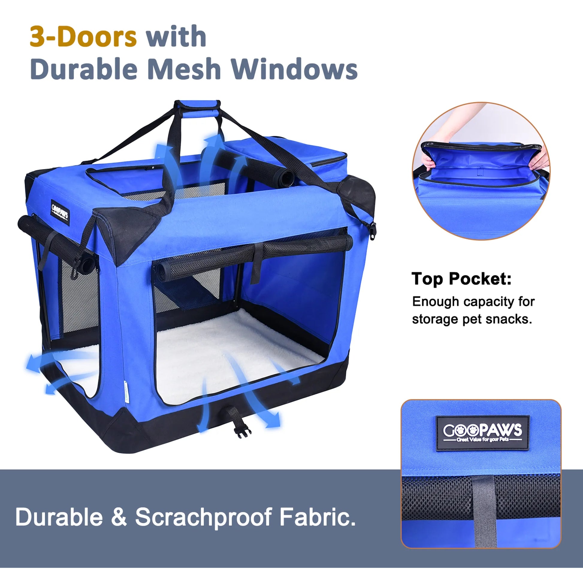 Blue pet carrier with durable mesh windows and scratchproof fabric, featuring GooPaws branding.