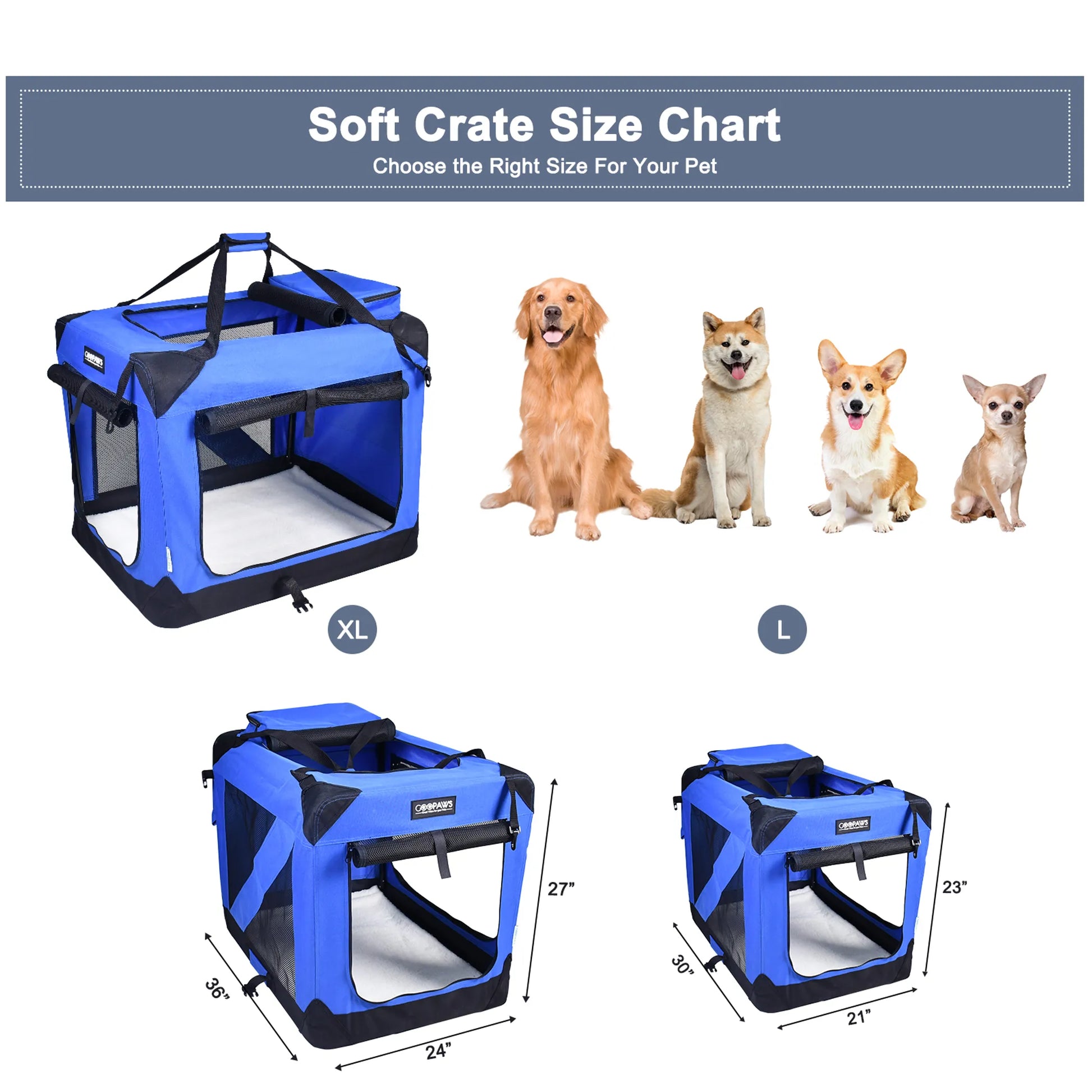 Pet soft crate size chart with blue crates and dog illustrations for choosing the right size.