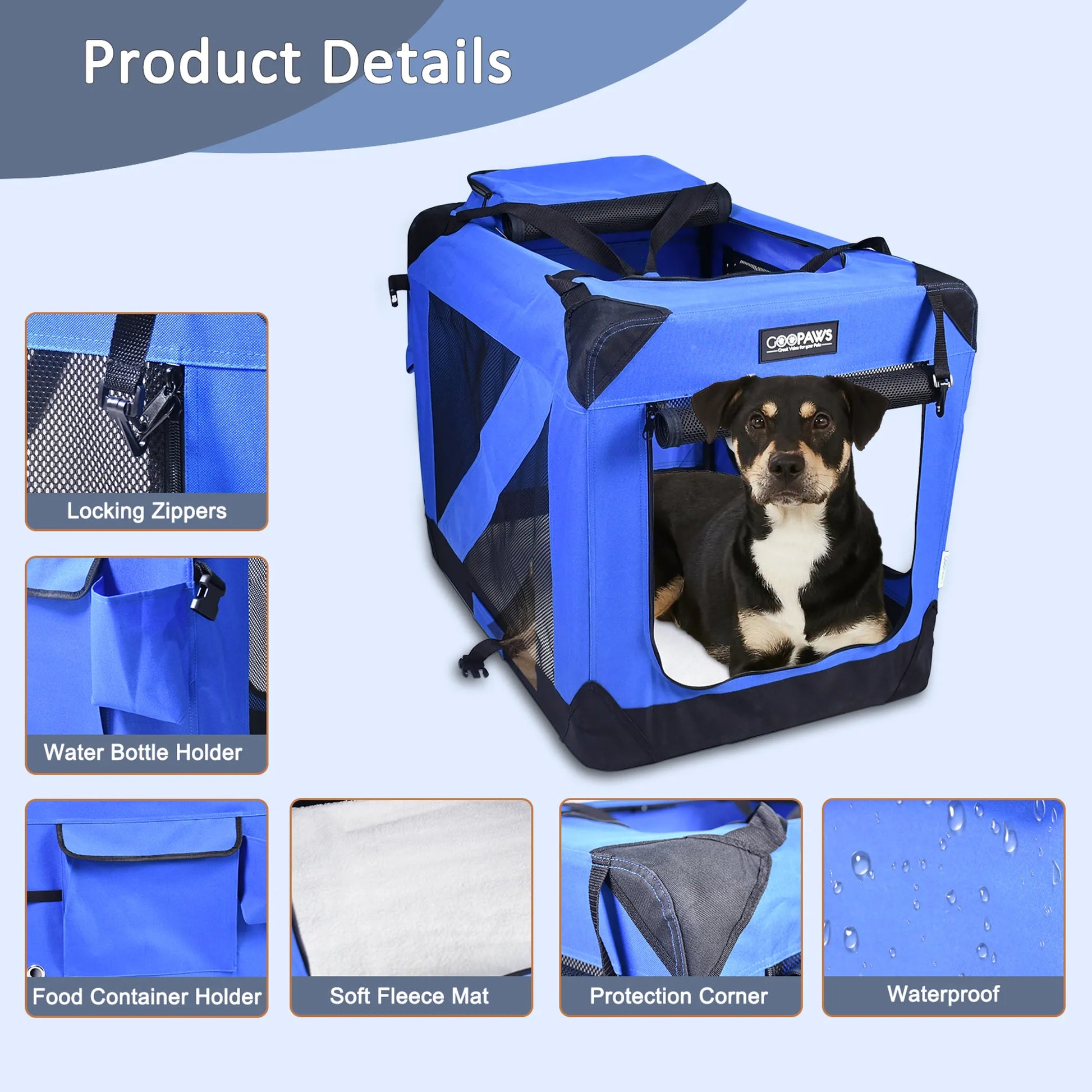 Blue pet carrier with a dog inside, featuring various product details on a light blue background.