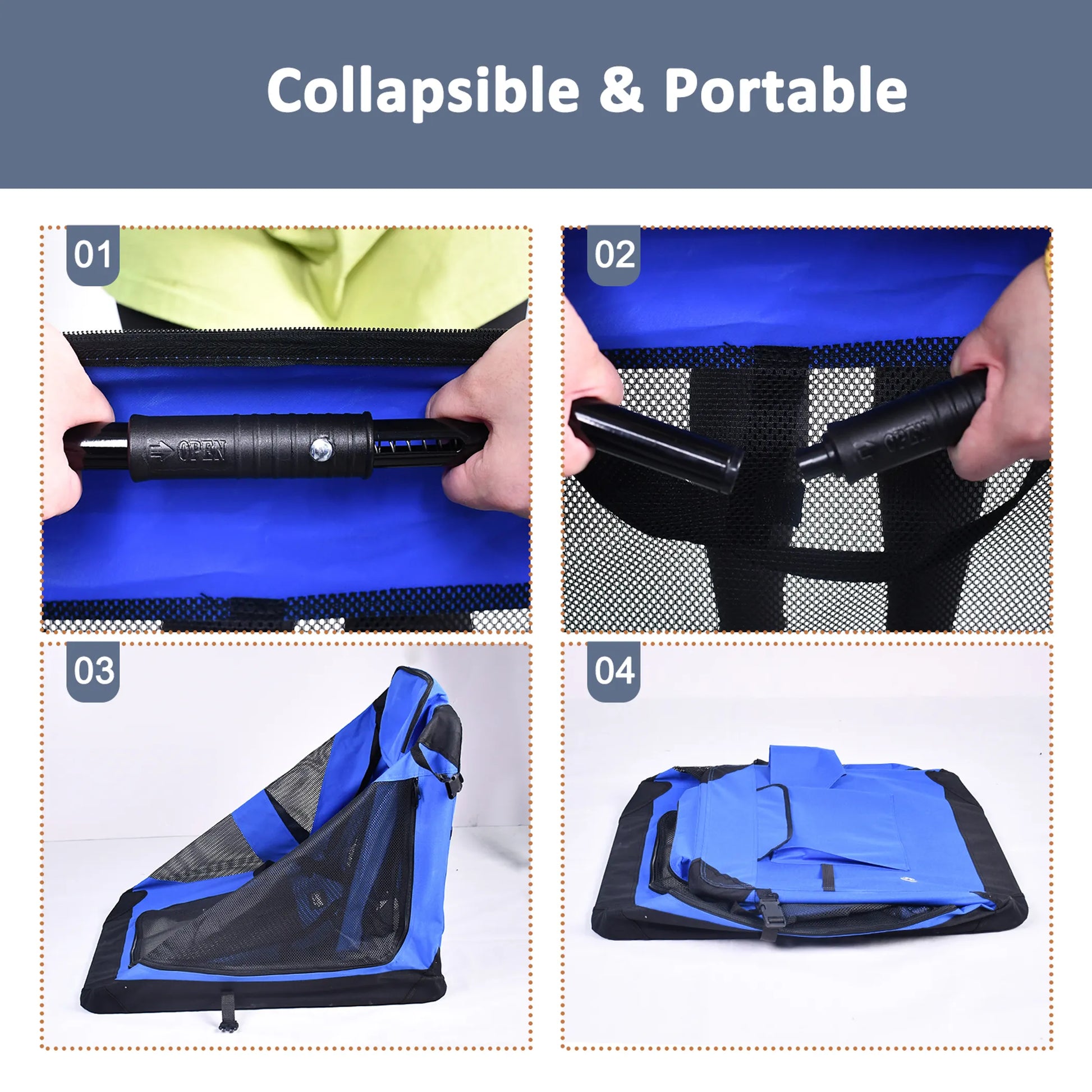 Collapsible and portable device being demonstrated with text 'Collapsible & Portable' at the top.