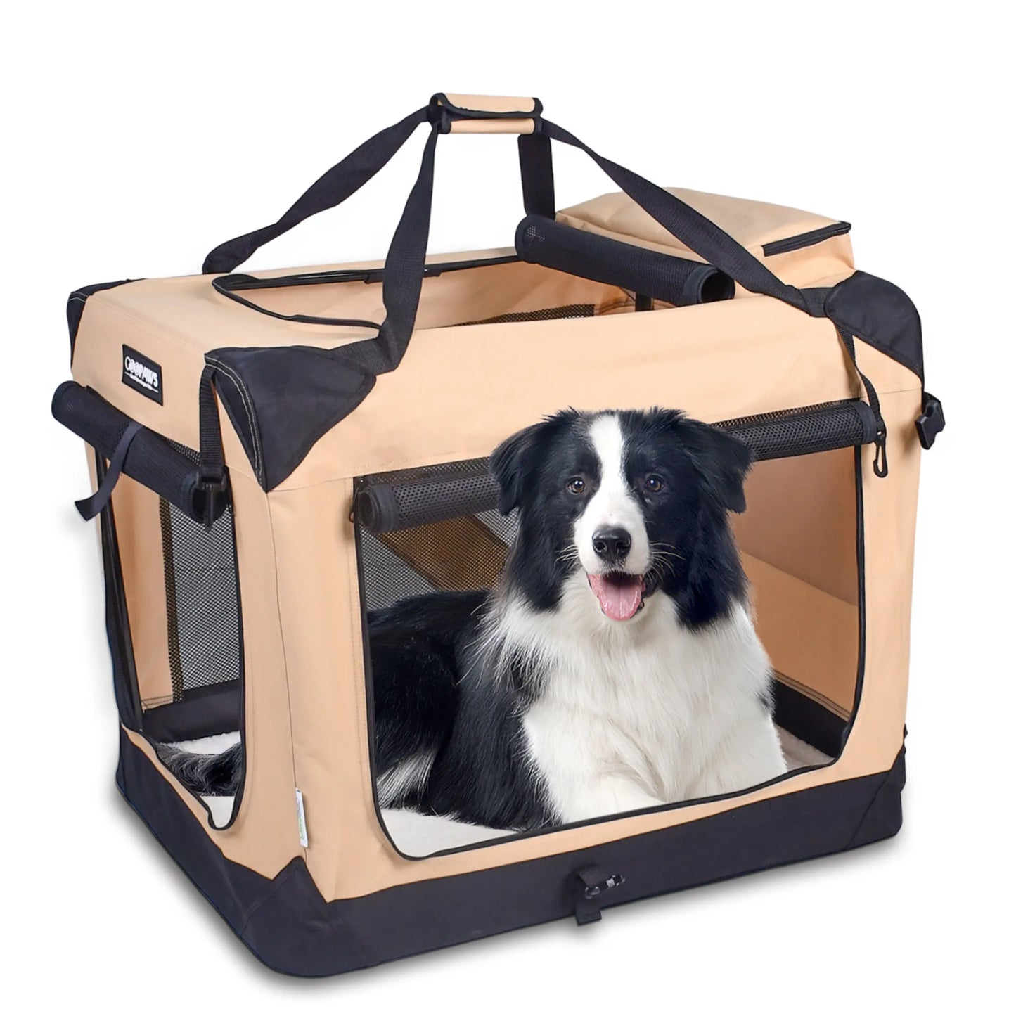 Dog crate with a dog inside on a white background