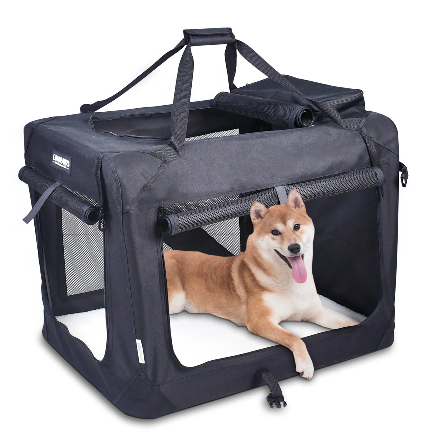 Dog lying inside a black pet crate on a white background