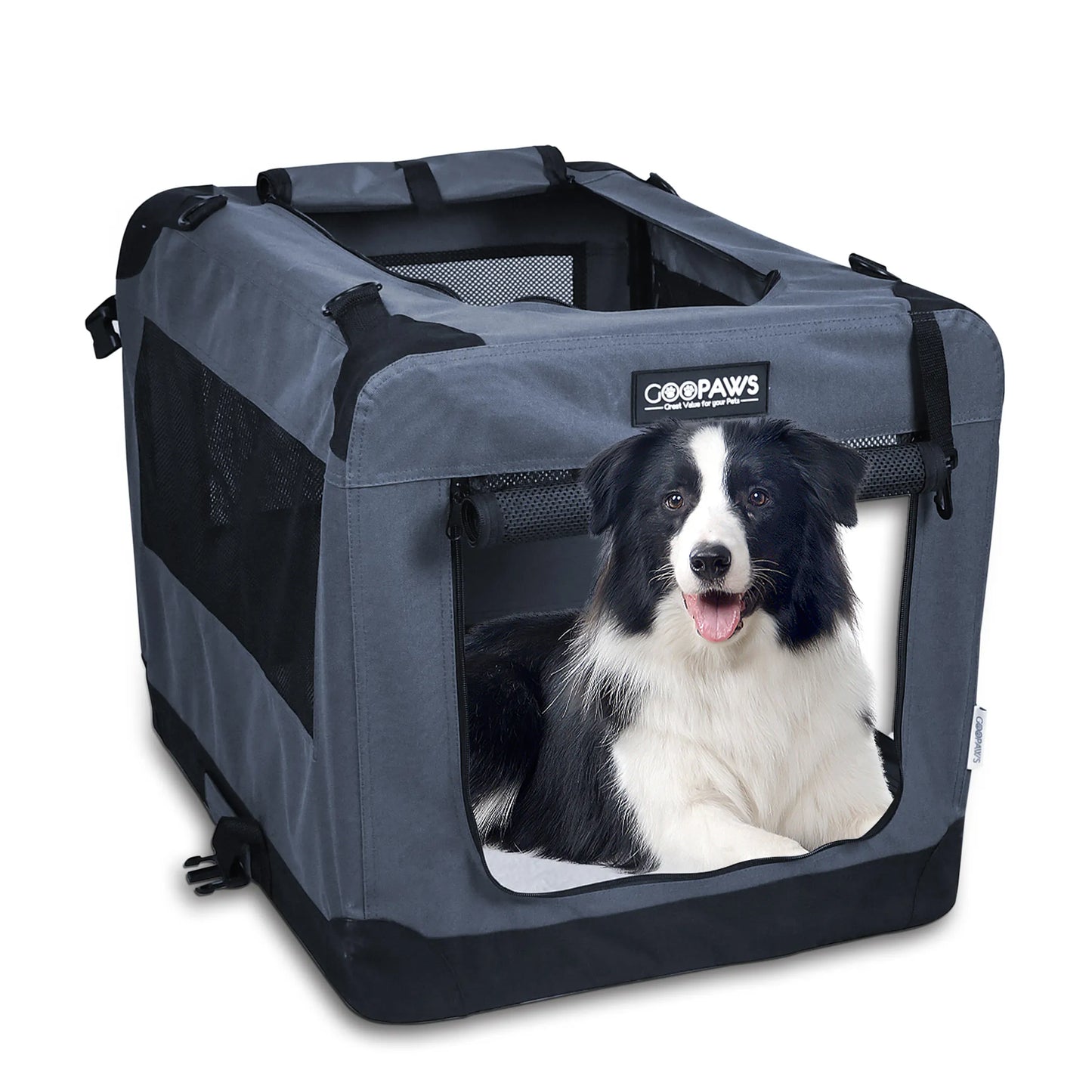 Dog crate with a dog inside on a white background