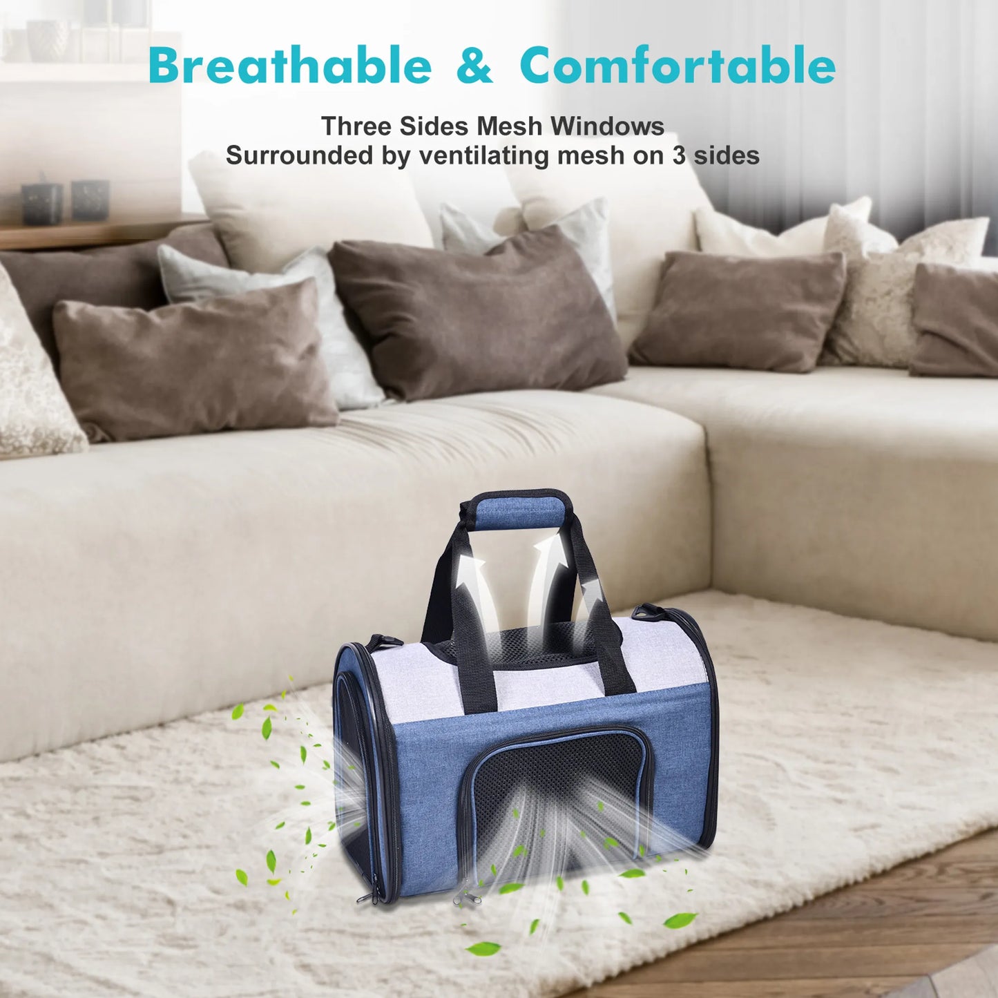 Pet carrier with mesh windows on a living room floor, surrounded by pillows.