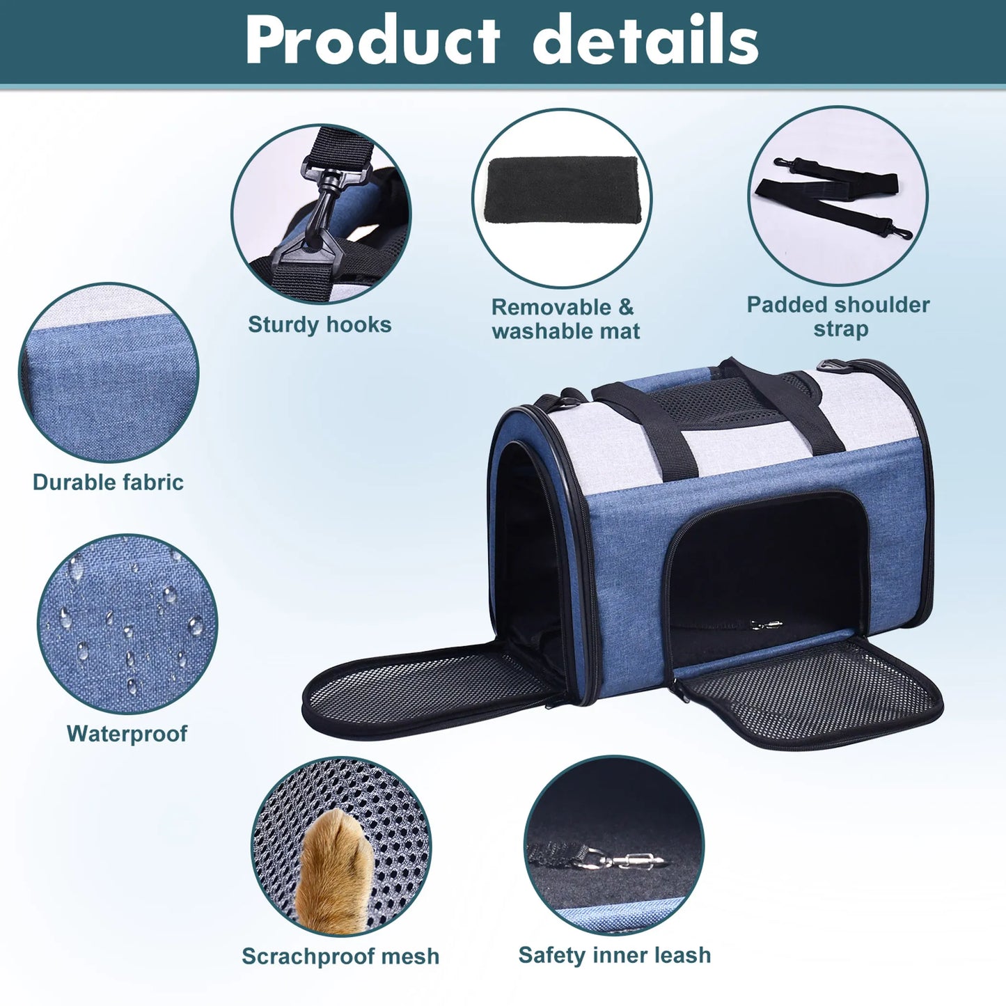 Pet carrier with features highlighted on a light blue background