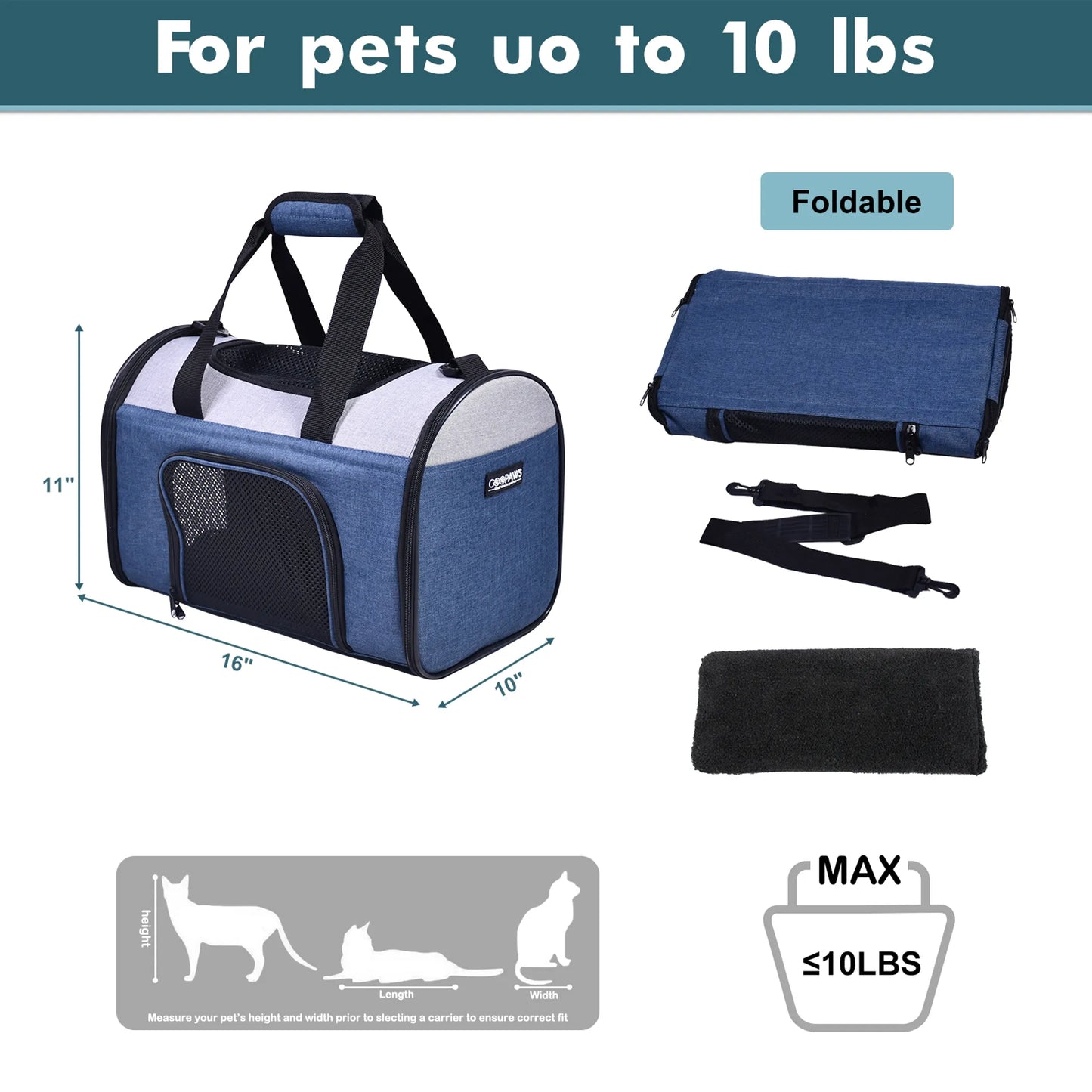 Pet carrier with dimensions and features on a white background