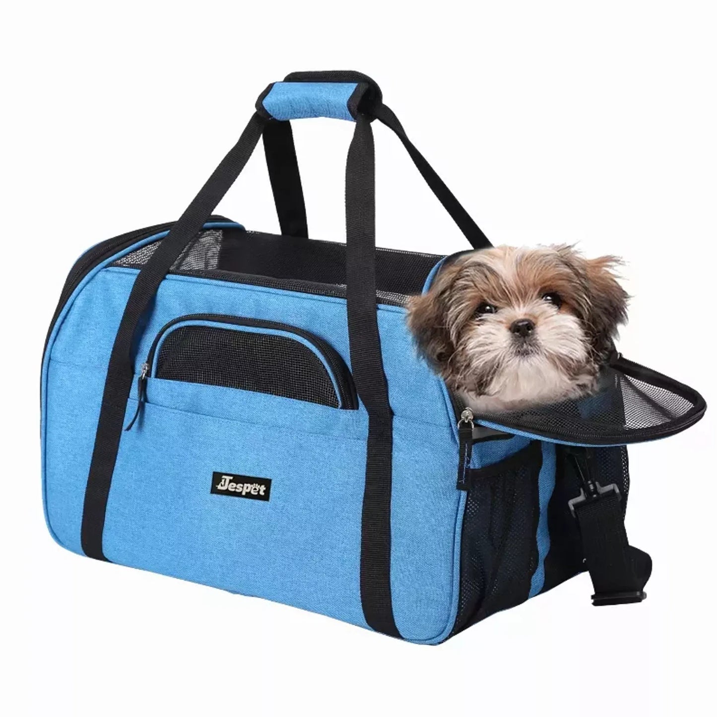 Blue pet carrier with a small dog peeking out on a white background
