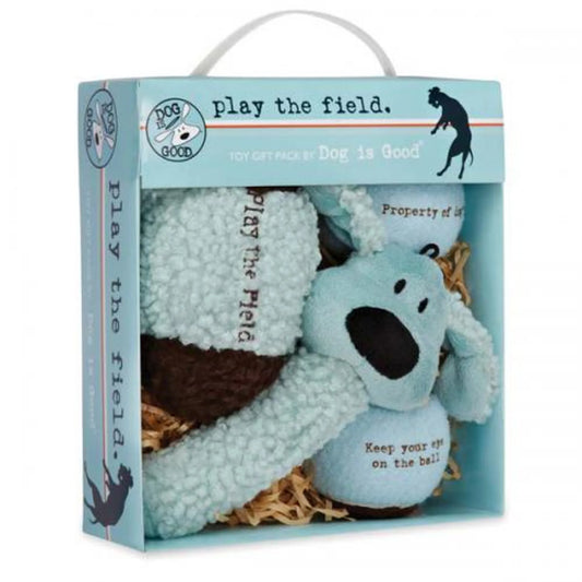 Dog toy packaging with a plush toy inside, featuring text and branding.