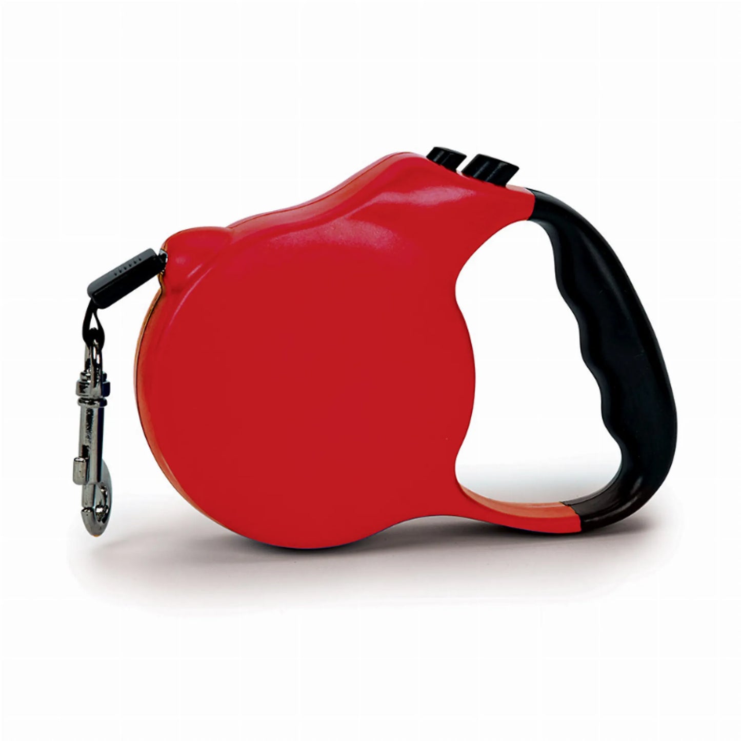 Red retractable dog leash with black handle on a white background