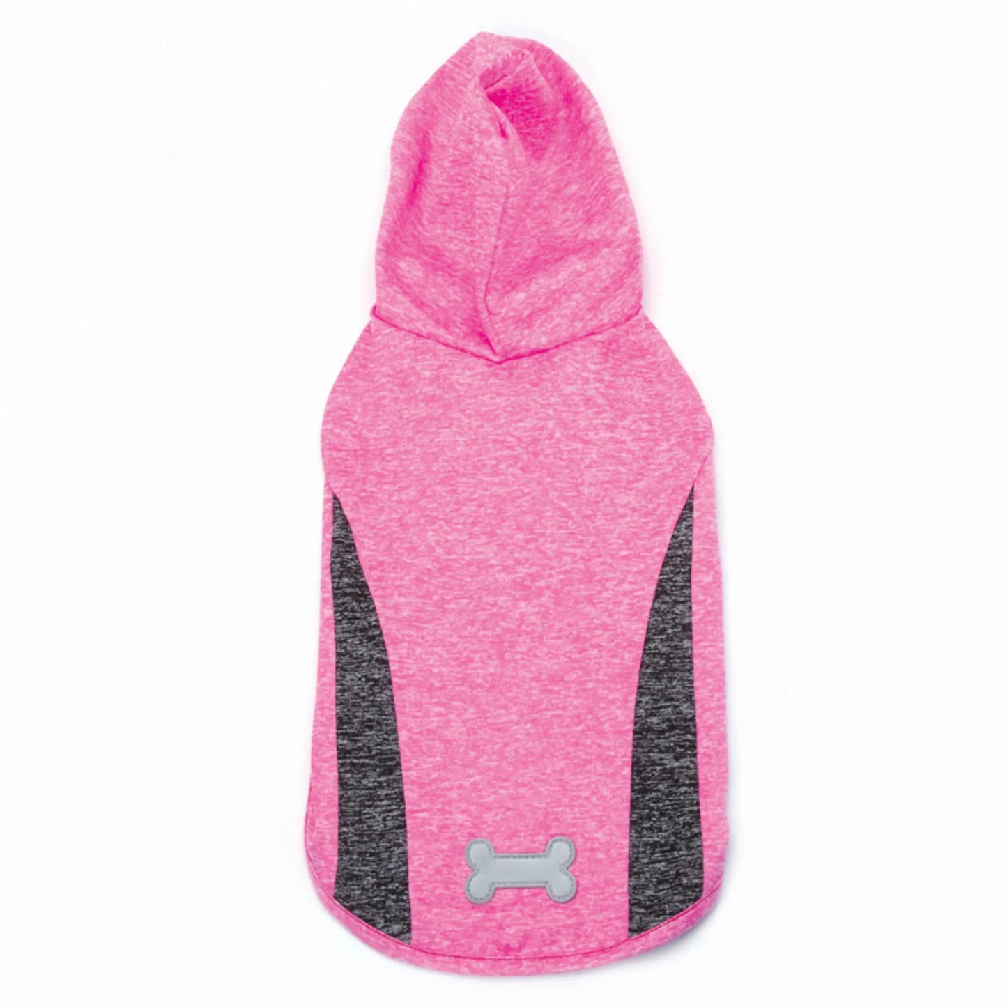 Pink dog hoodie with gray accents on a white background