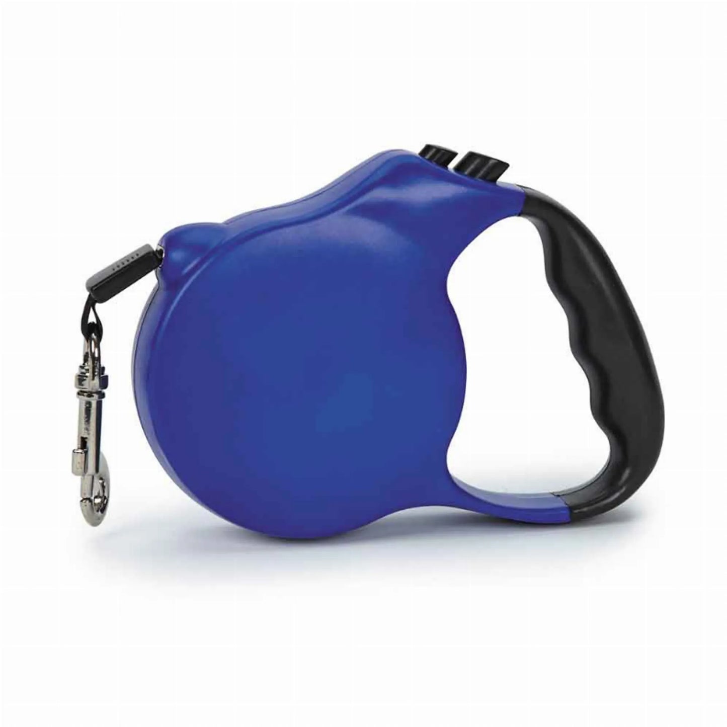 Blue retractable dog leash with black handle on a white background