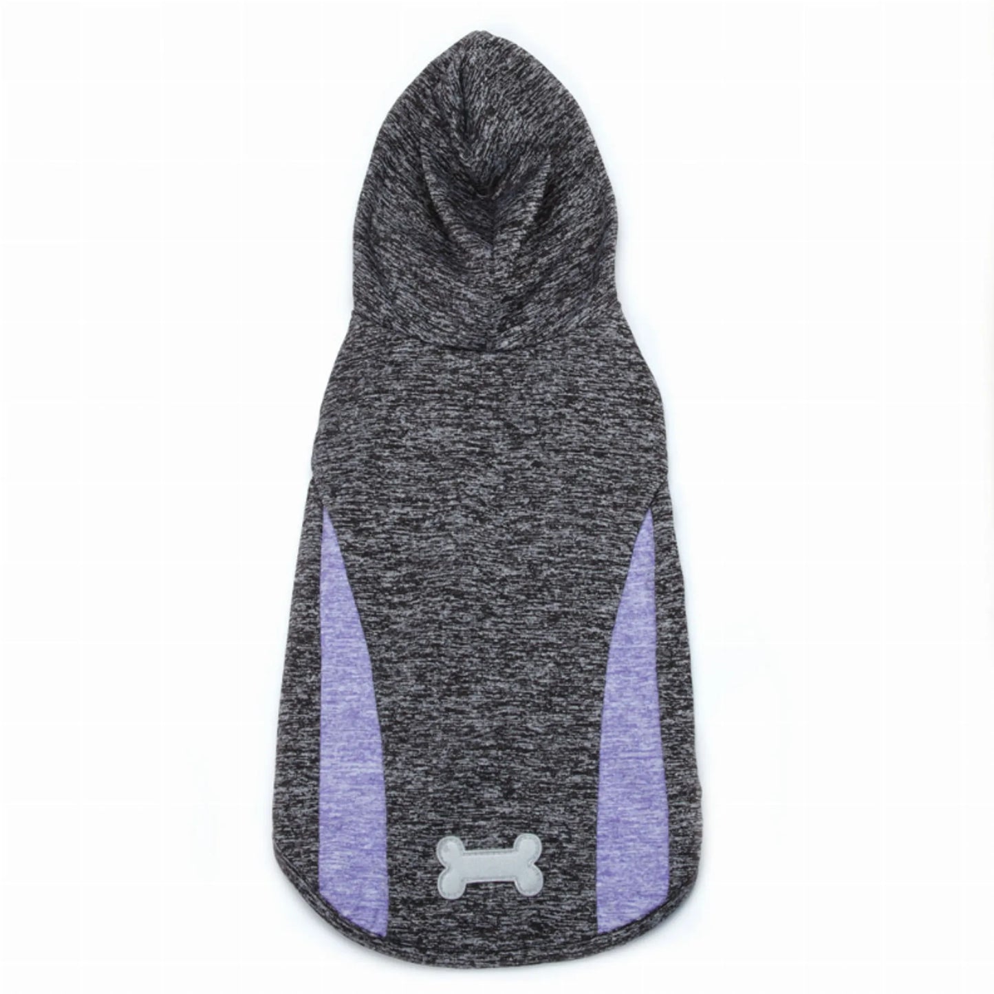 Gray and purple dog hoodie with a bone design on a white background