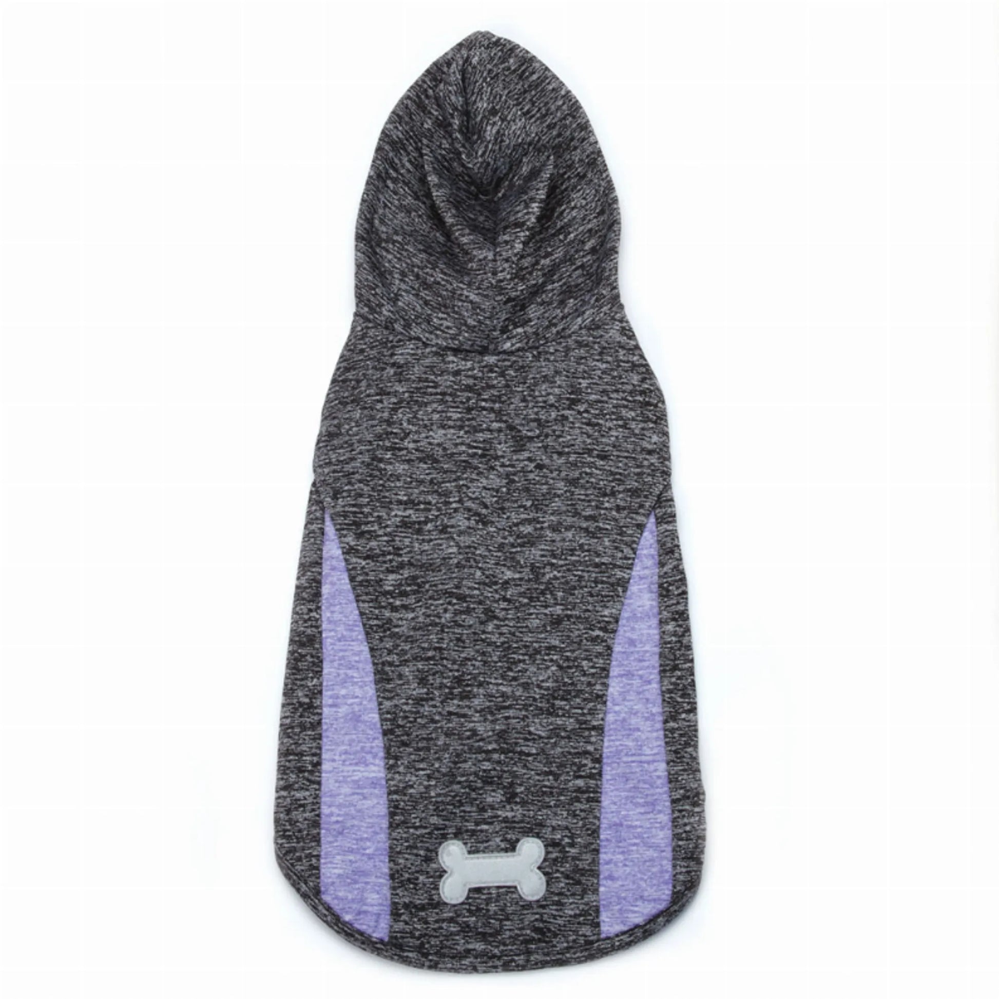 Gray and purple dog hoodie with a bone design on a white background
