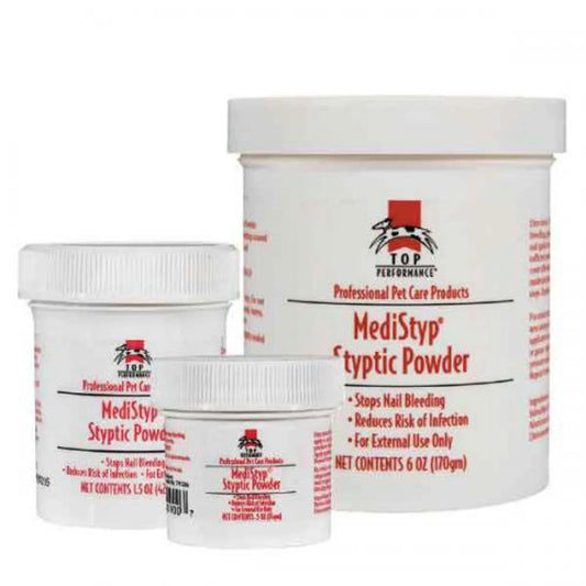 Three containers of Top Performance MediStyp Styptic Powder on a white background