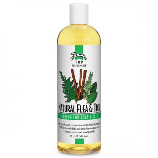 Bottle of natural flea and tick shampoo for dogs and cats on a white background