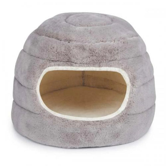 Gray pet bed with a beige interior on a white background