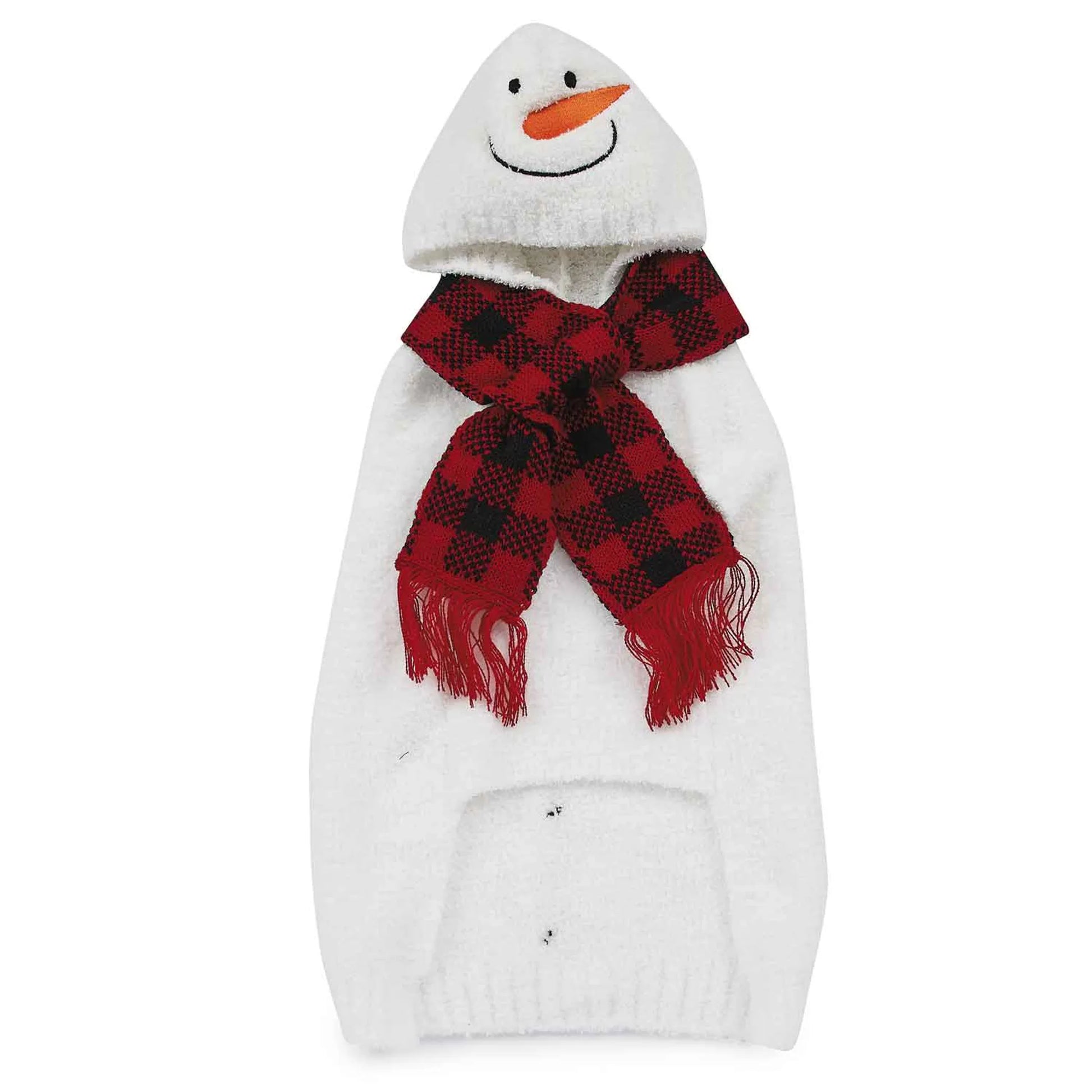 Snowman-shaped product with a red plaid scarf on a white background