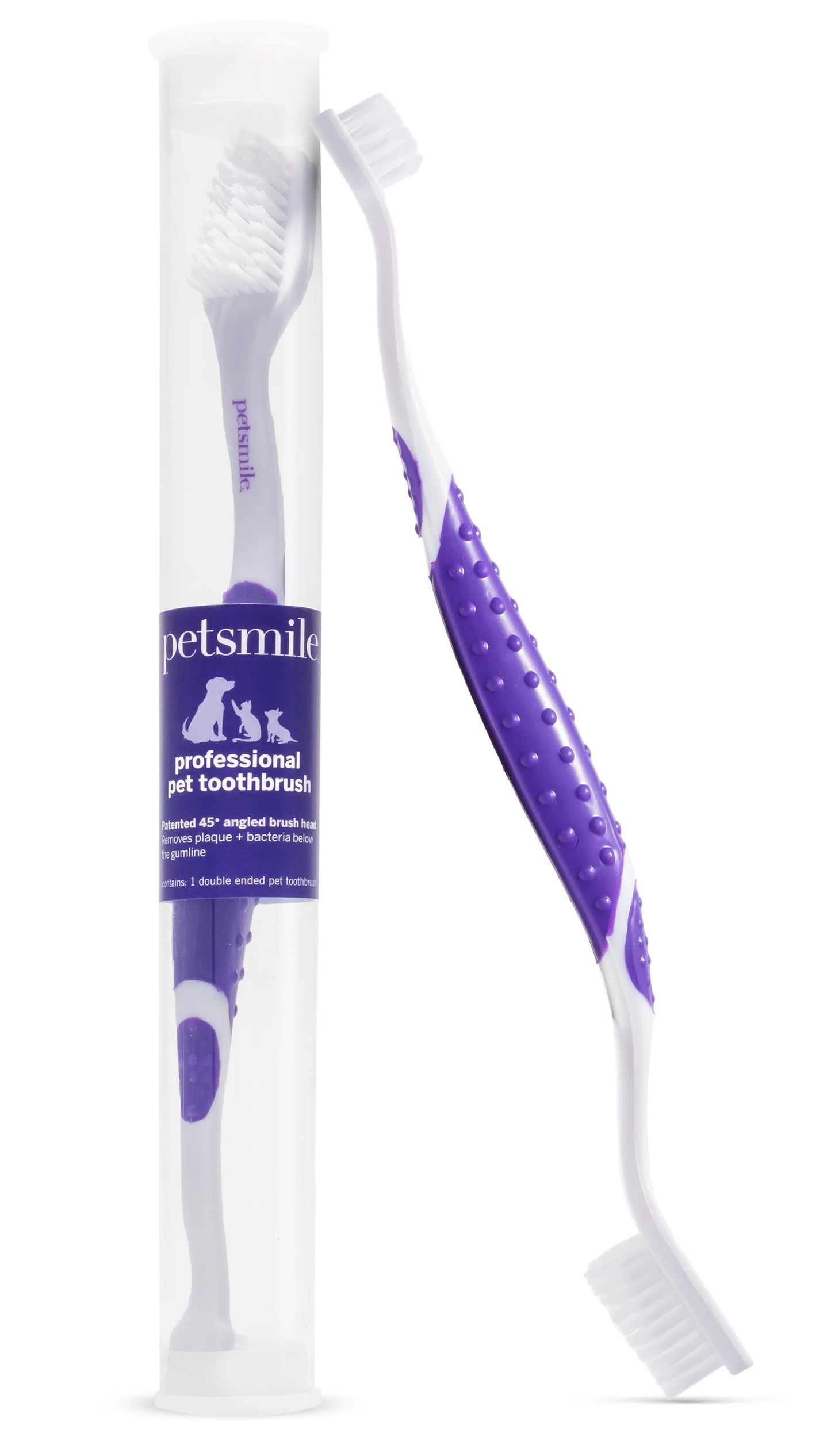Pet toothbrush with packaging labeled 'petsmile' on a white background