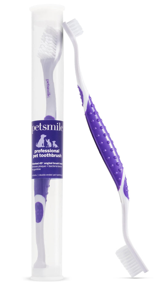 Pet toothbrush with packaging labeled 'petsmile' on a white background