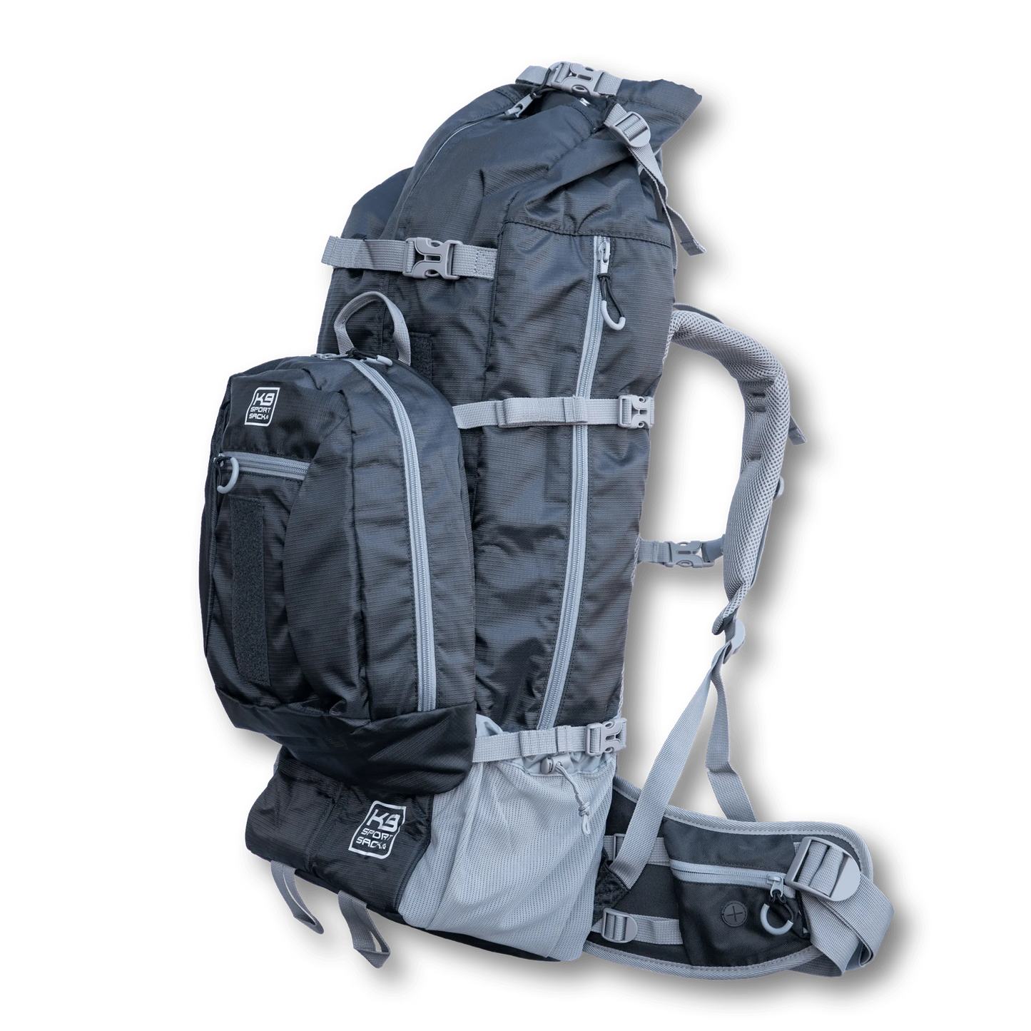 Gray and black backpack with multiple straps on a white background