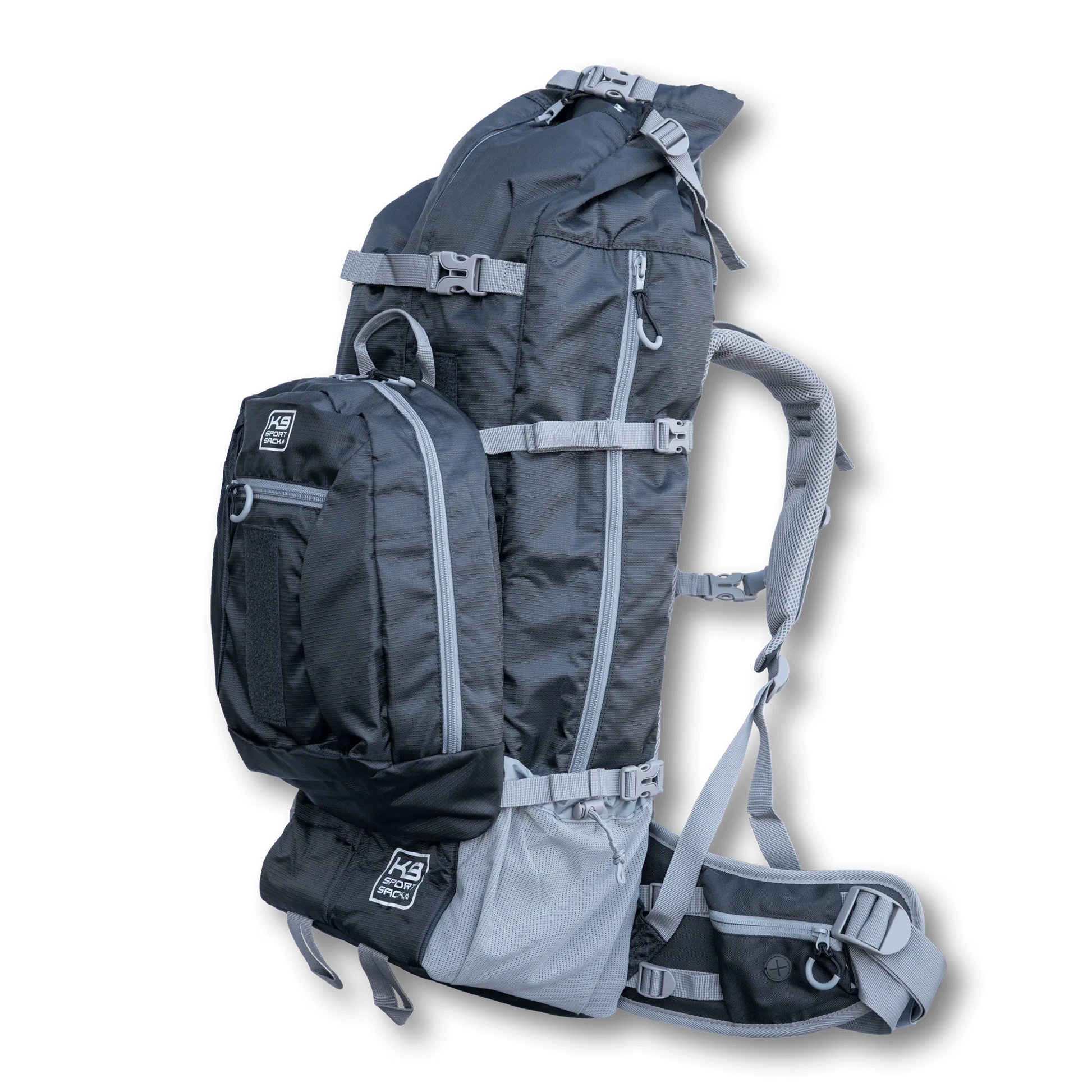 Gray and black backpack with multiple straps on a white background