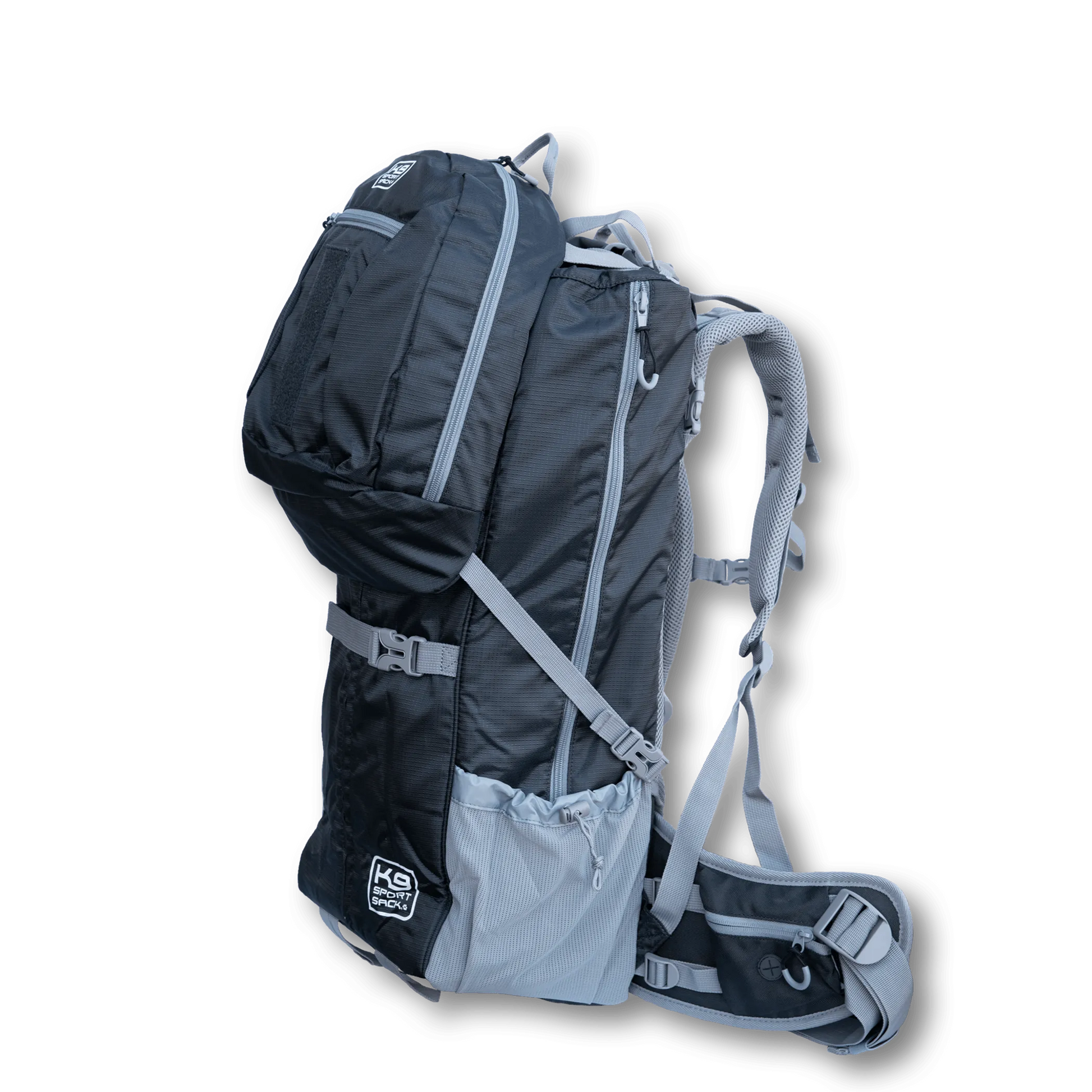 Black and gray backpack with multiple straps on a white background