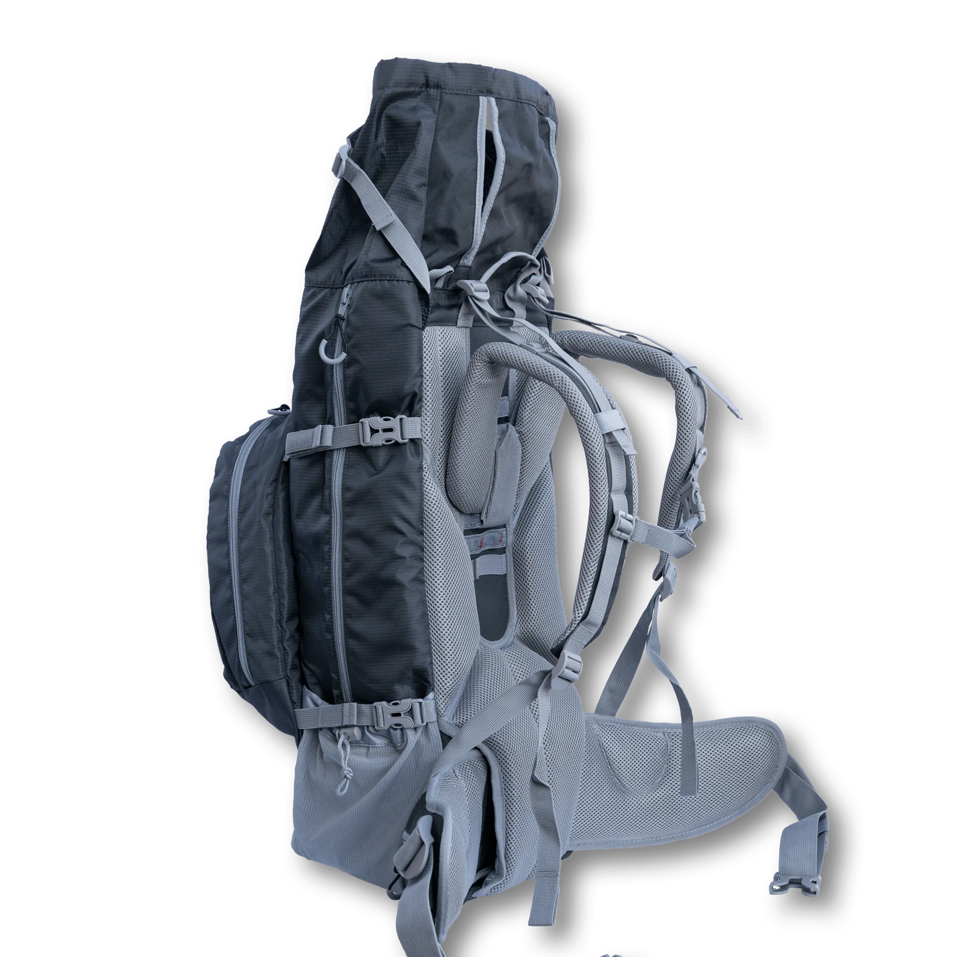 Gray hiking backpack with multiple straps on a white background